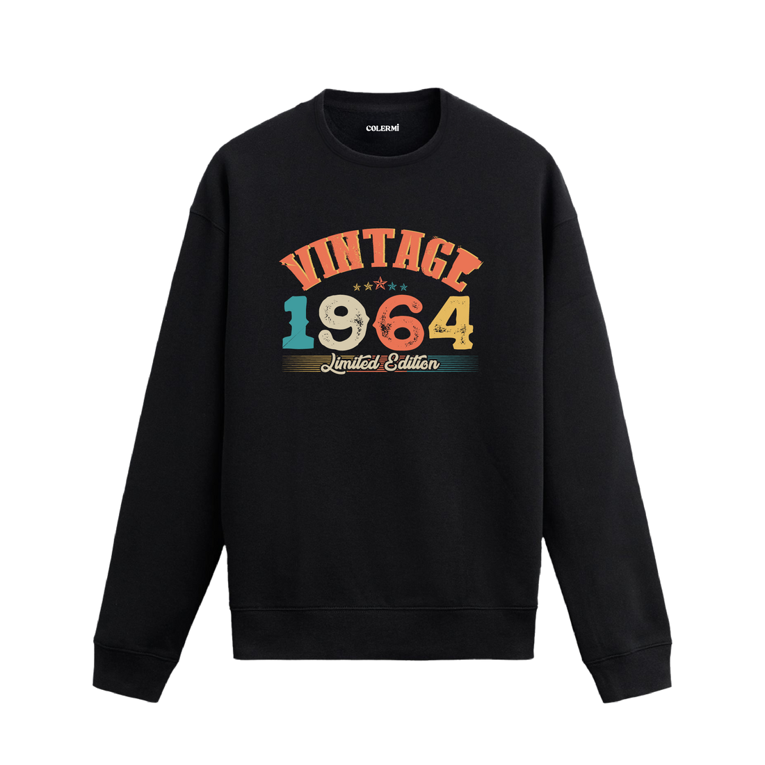 1964 yılına özel tasarlanmış siyah Vintage Sweatshirt Echo, retro yazı ve yıl baskılı sweatshirt modeli.