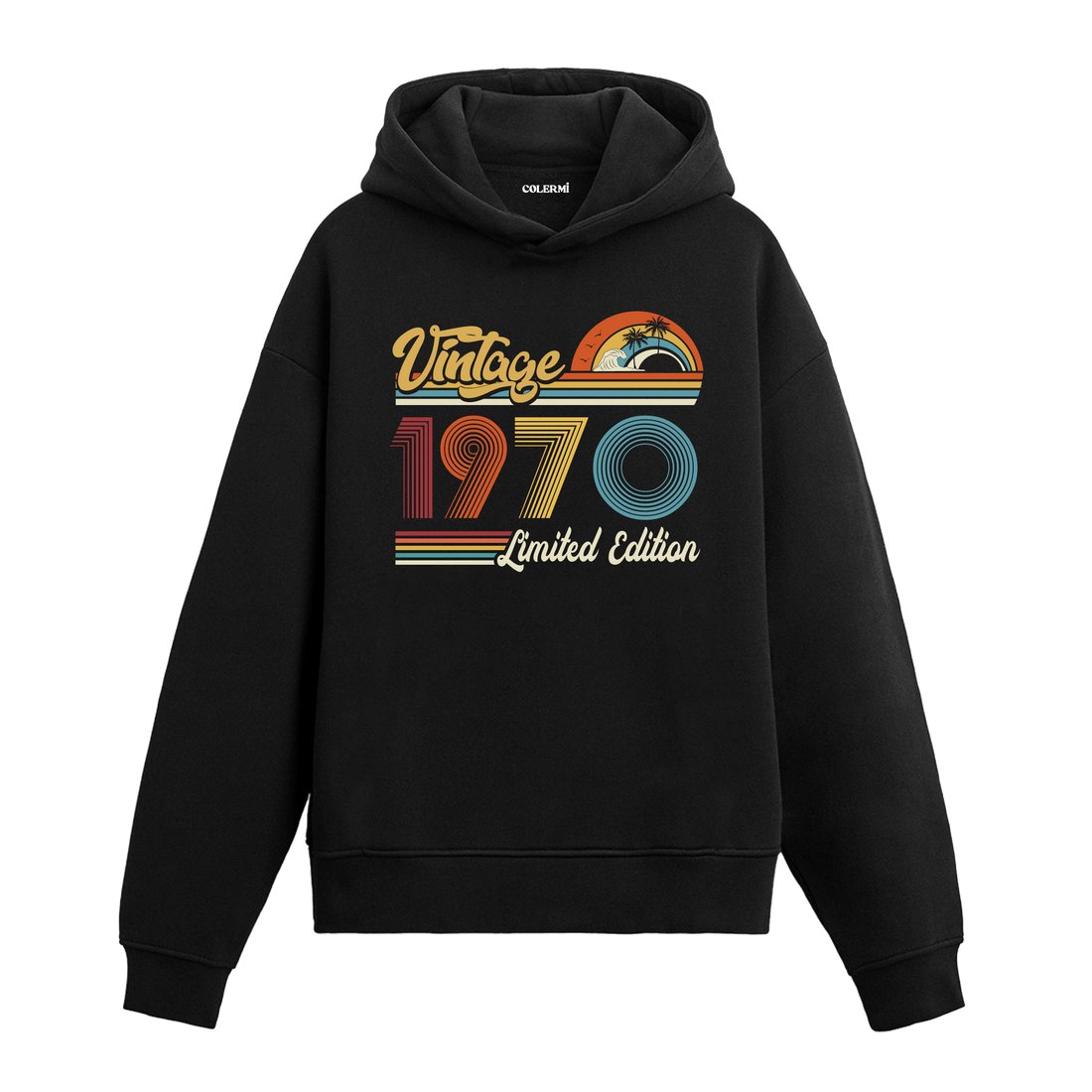 1970 doğum tarihli retro baskılı siyah vintage hoodie