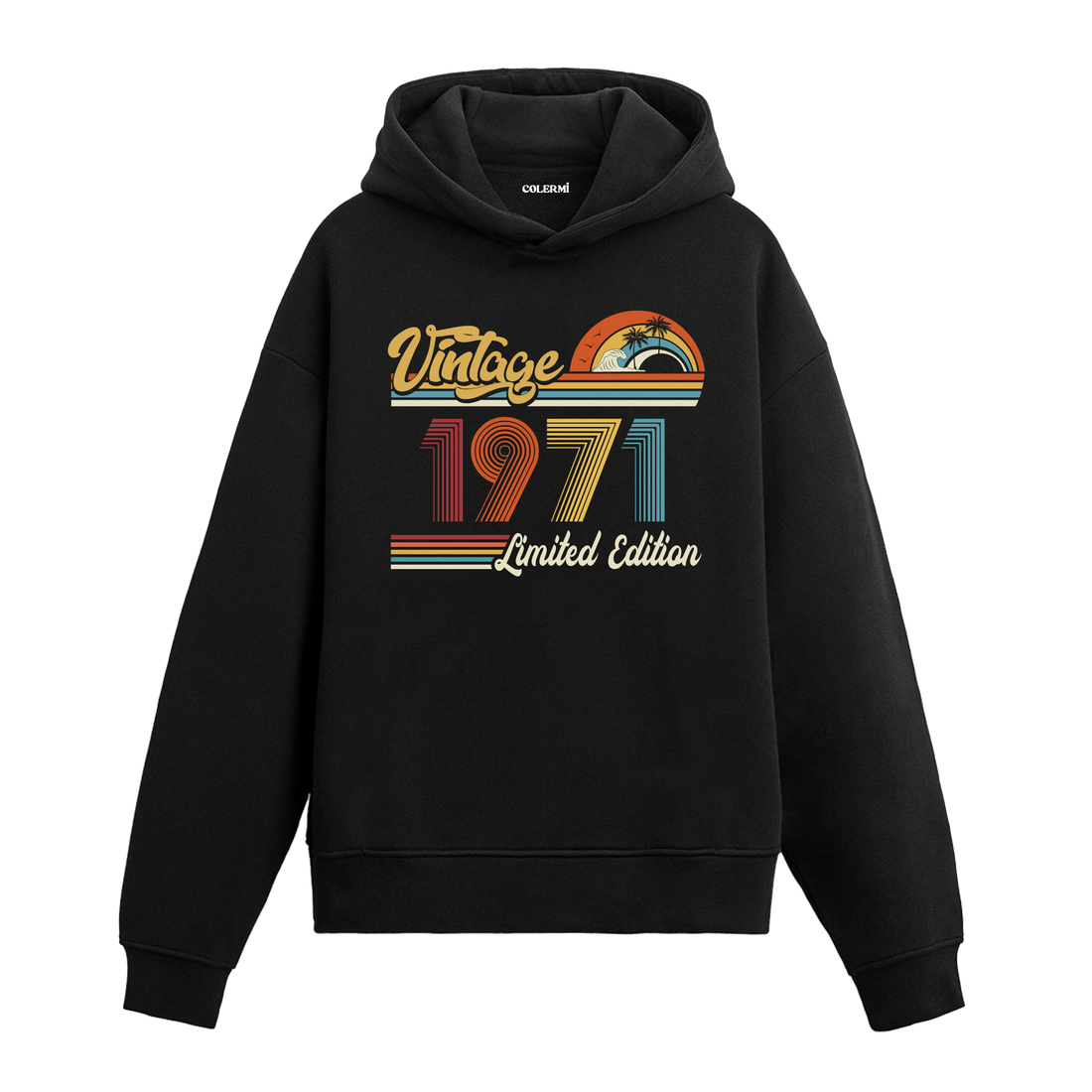 1971 doğum tarihli retro baskılı siyah vintage hoodie