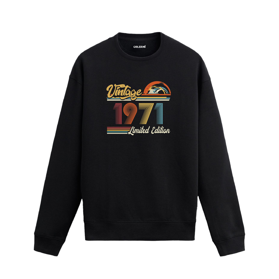 1971 Vintage sweatshirt, retro baskılı siyah sweatshirt