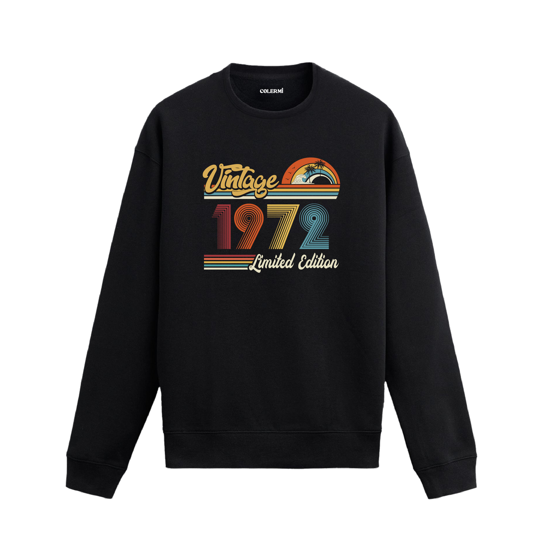 1972 Vintage sweatshirt, retro baskılı siyah sweatshirt