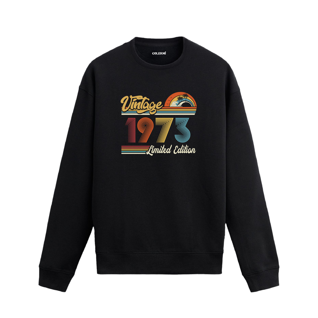 1973 Vintage sweatshirt, retro baskılı siyah sweatshirt