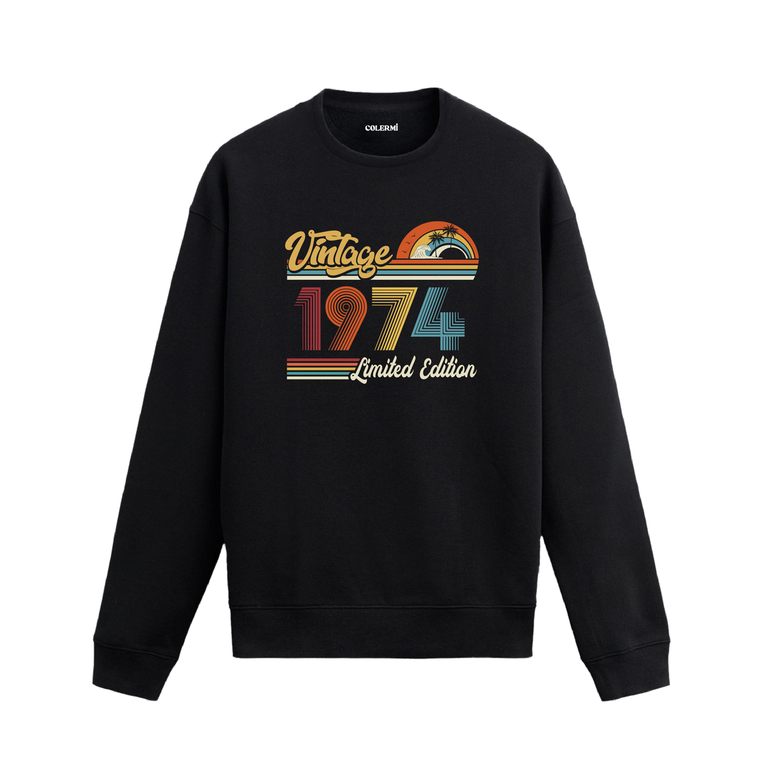 1974 Vintage sweatshirt, retro baskılı siyah sweatshirt