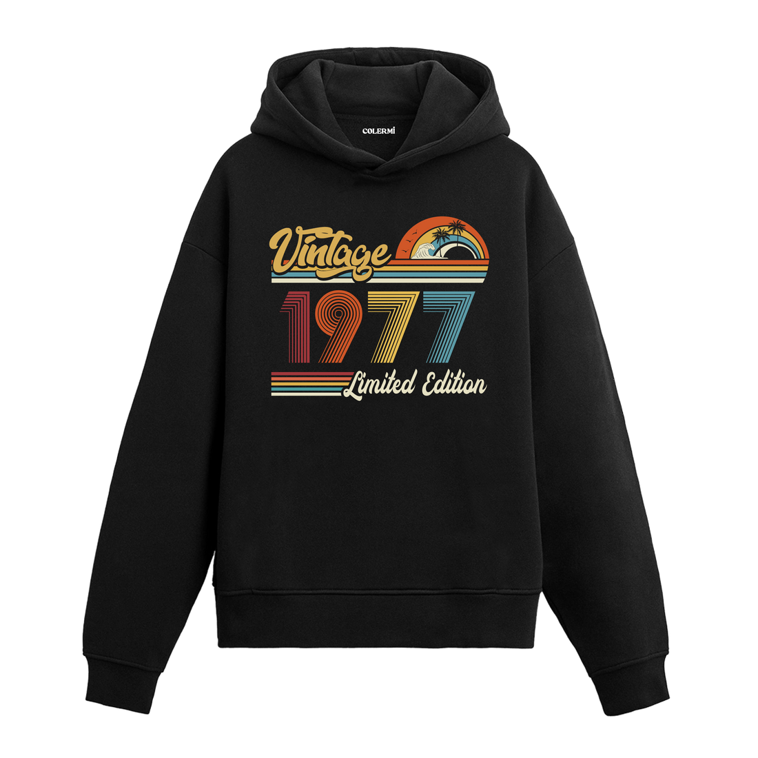 1977 doğum tarihli retro baskılı siyah vintage hoodie