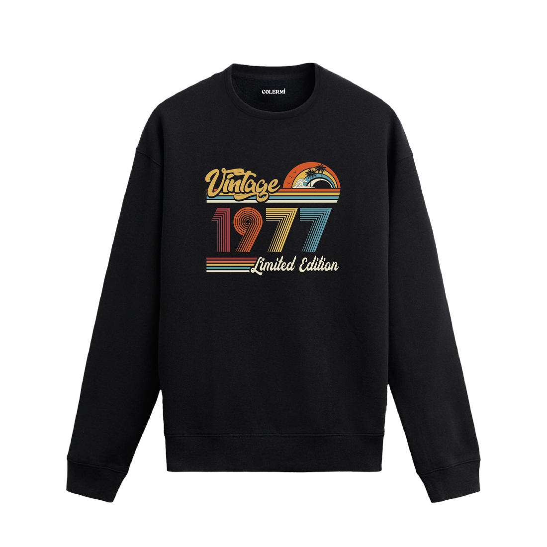 1977 Vintage sweatshirt, retro baskılı siyah sweatshirt