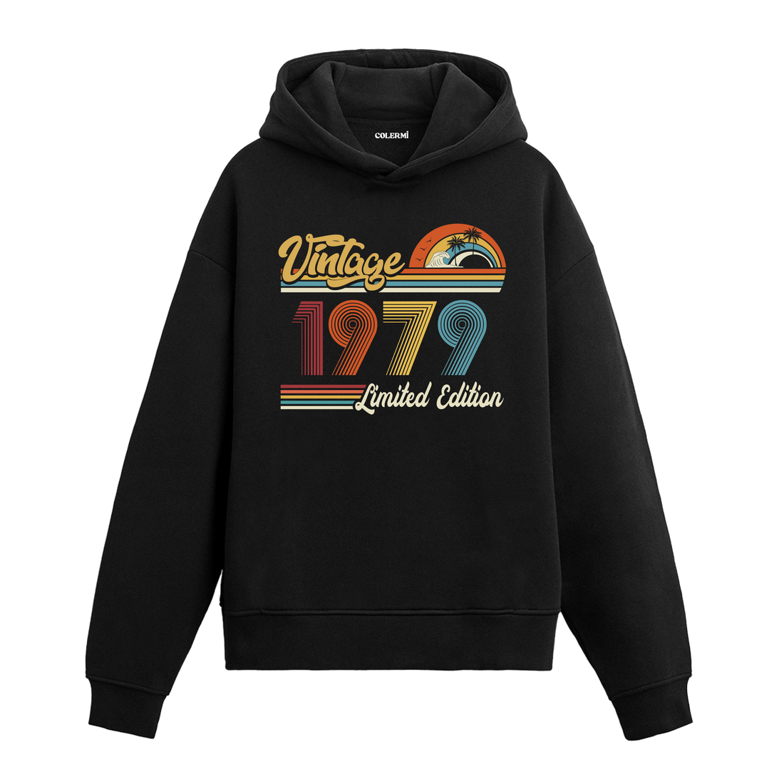 1979 doğum tarihli retro baskılı siyah vintage hoodie