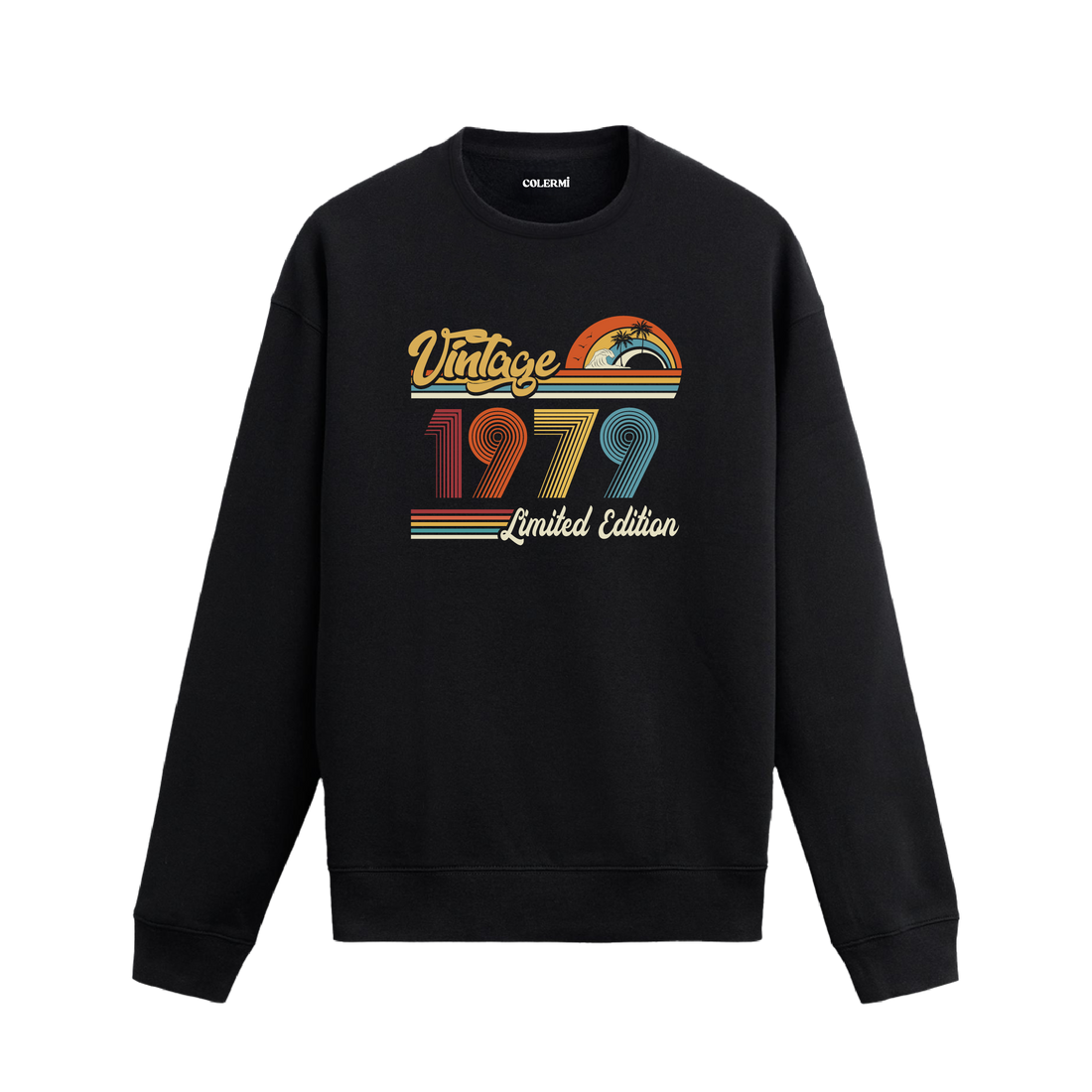 1979 Vintage sweatshirt, retro baskılı siyah sweatshirt