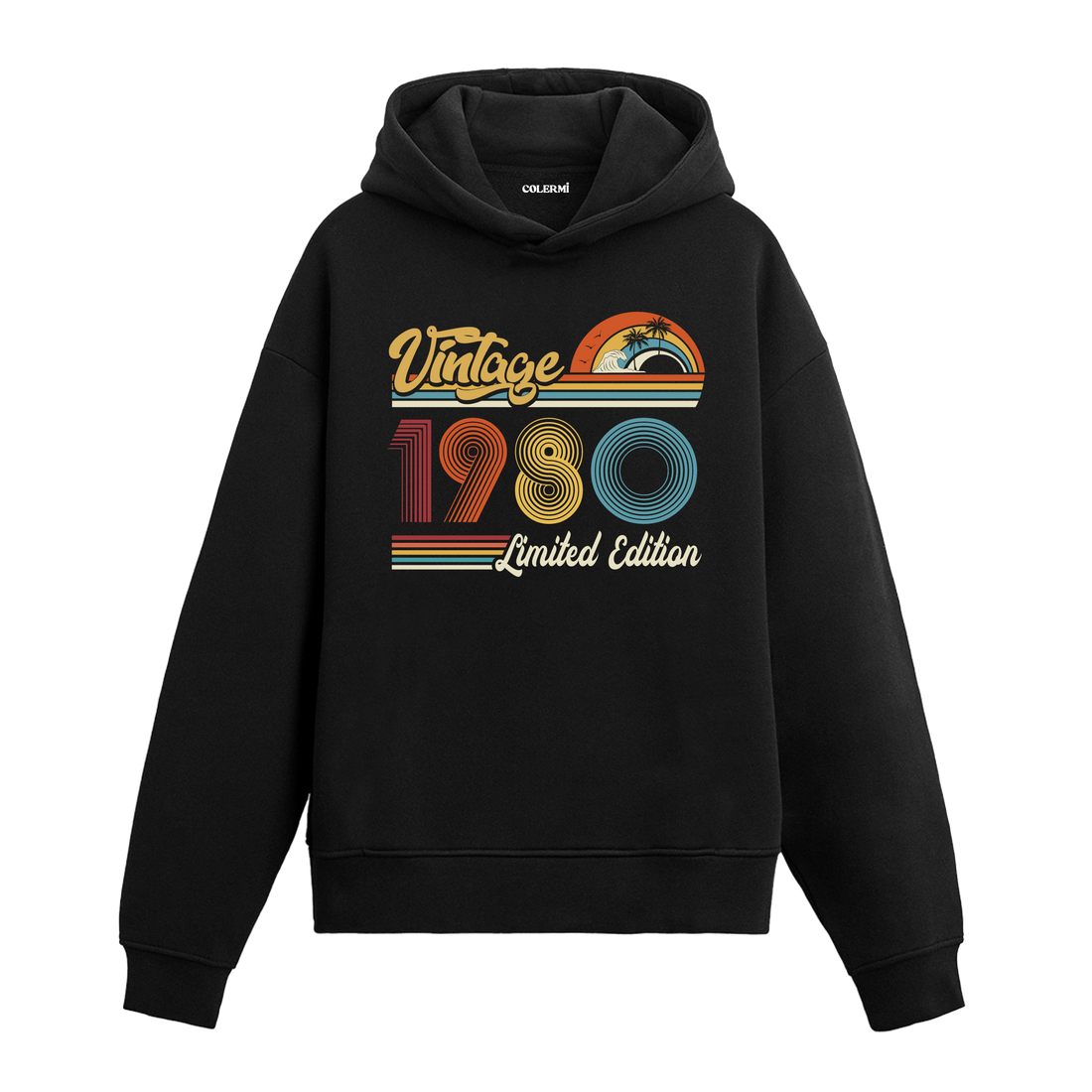 1980 doğum tarihli retro baskılı siyah vintage hoodie