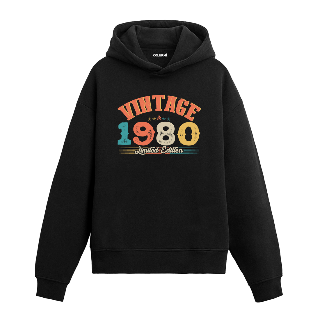 1980 yılına özel tasarlanmış siyah Vintage Hoodie Echo, retro yazı ve yıl baskılı modern hoodie modeli.