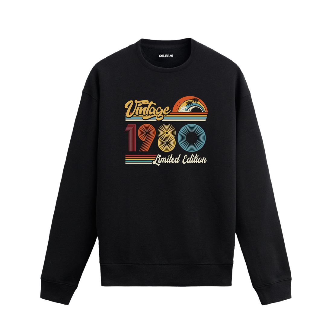 1980 Vintage sweatshirt, retro baskılı siyah sweatshirt