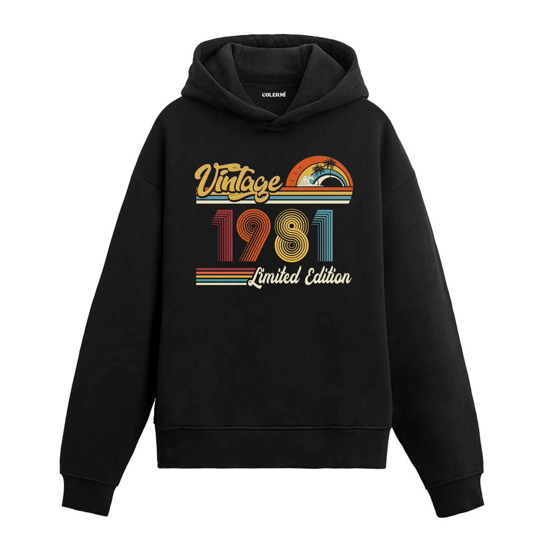 1981 doğum tarihli retro baskılı siyah vintage hoodie