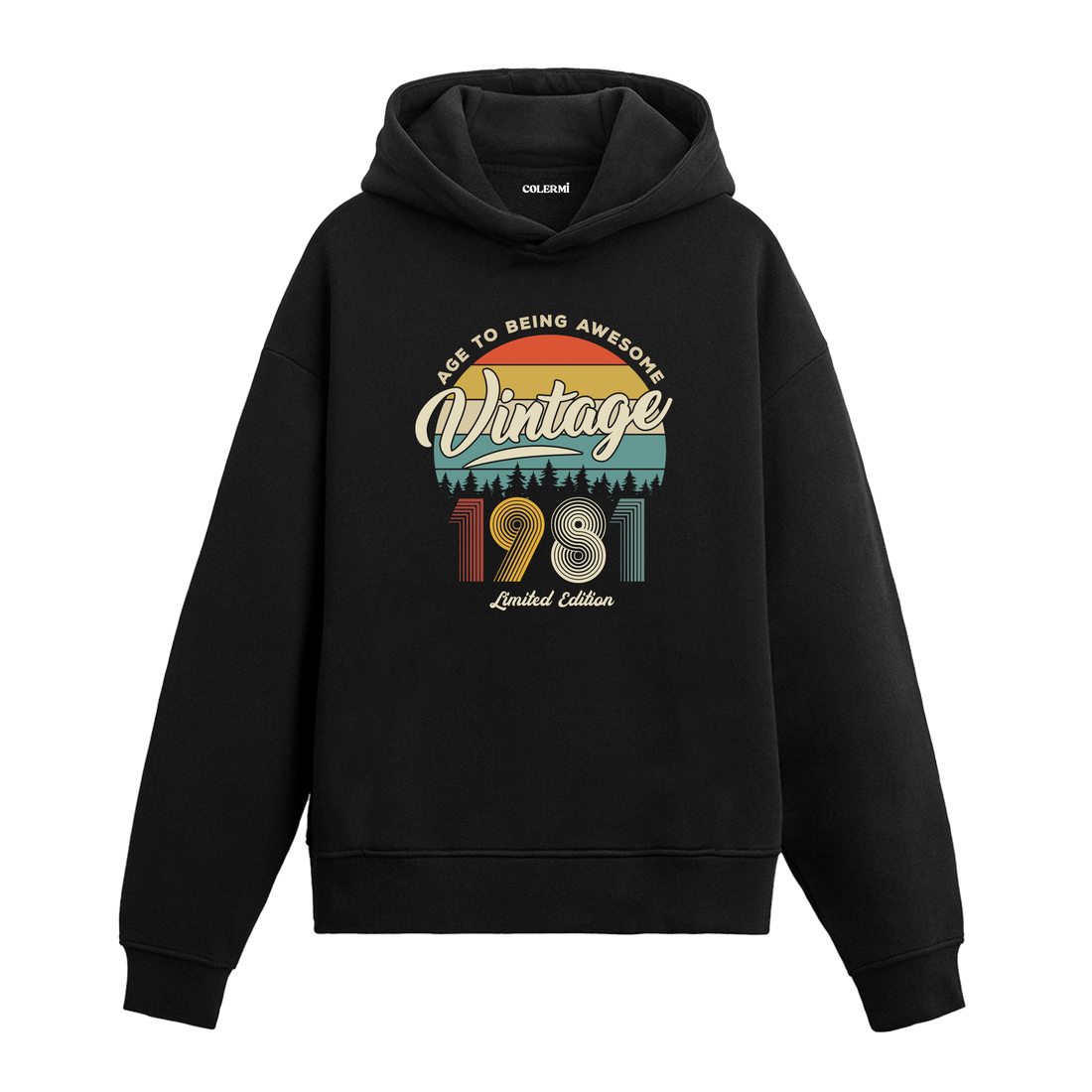 1981 Vintage Hoodie, retro yıl baskılı siyah pamuklu nostalji hoodie.