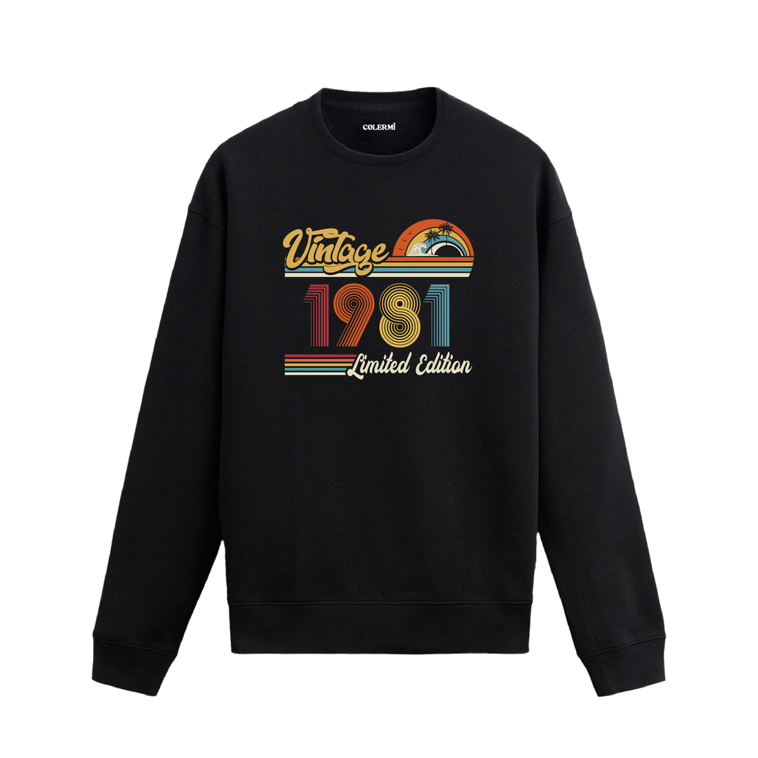 1981 Vintage sweatshirt, retro baskılı siyah sweatshirt