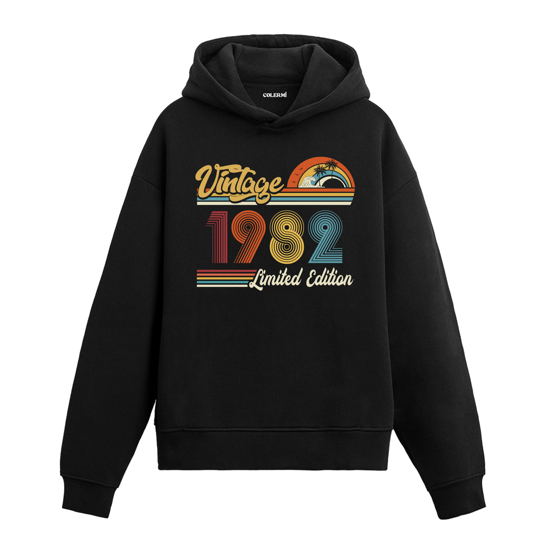 1982 doğum tarihli retro baskılı siyah vintage hoodie