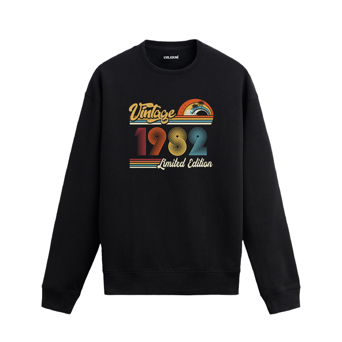 1982 Vintage sweatshirt, retro tasarım detaylı siyah sweatshirt