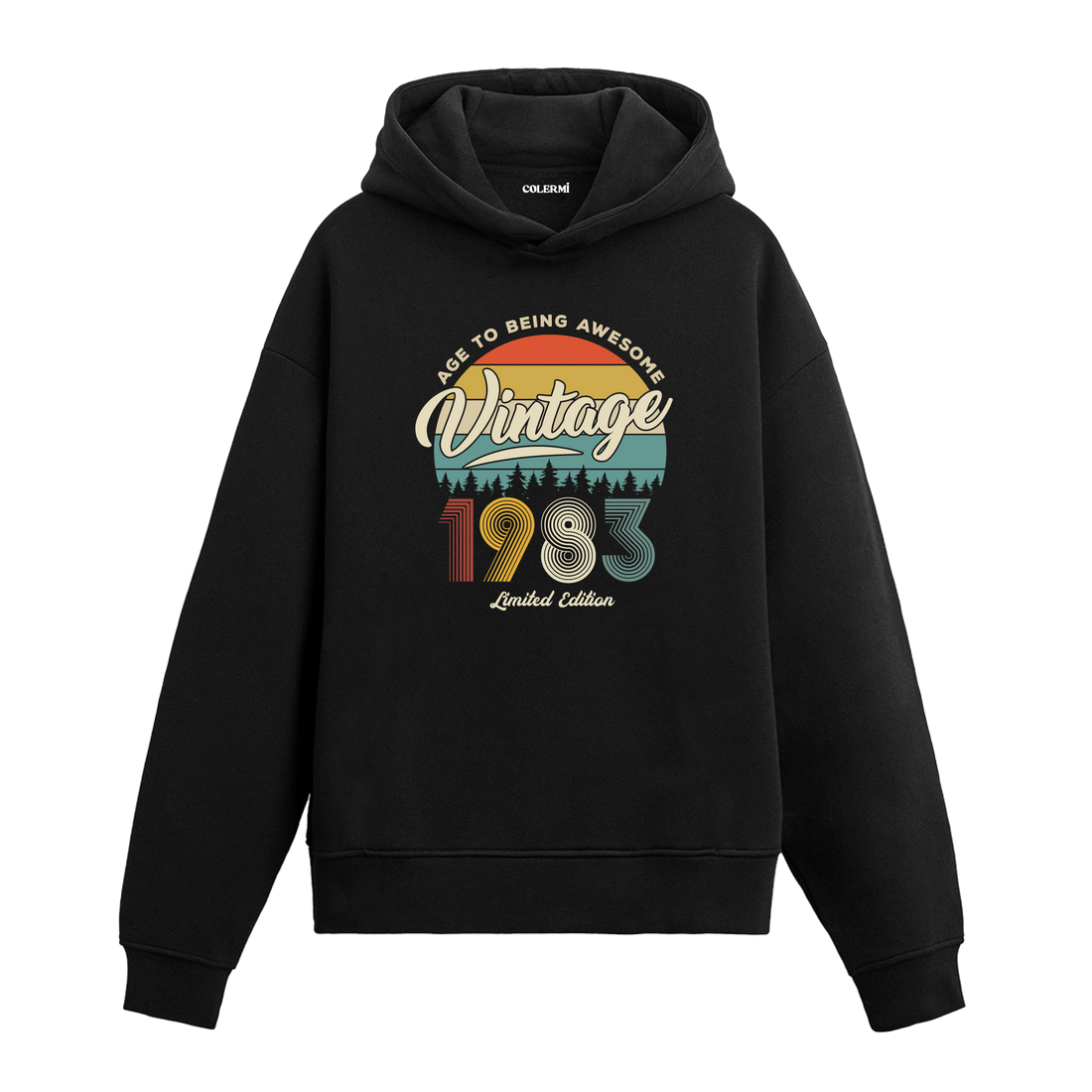 1983 Vintage Hoodie, retro baskılı siyah pamuklu nostalji hoodie.