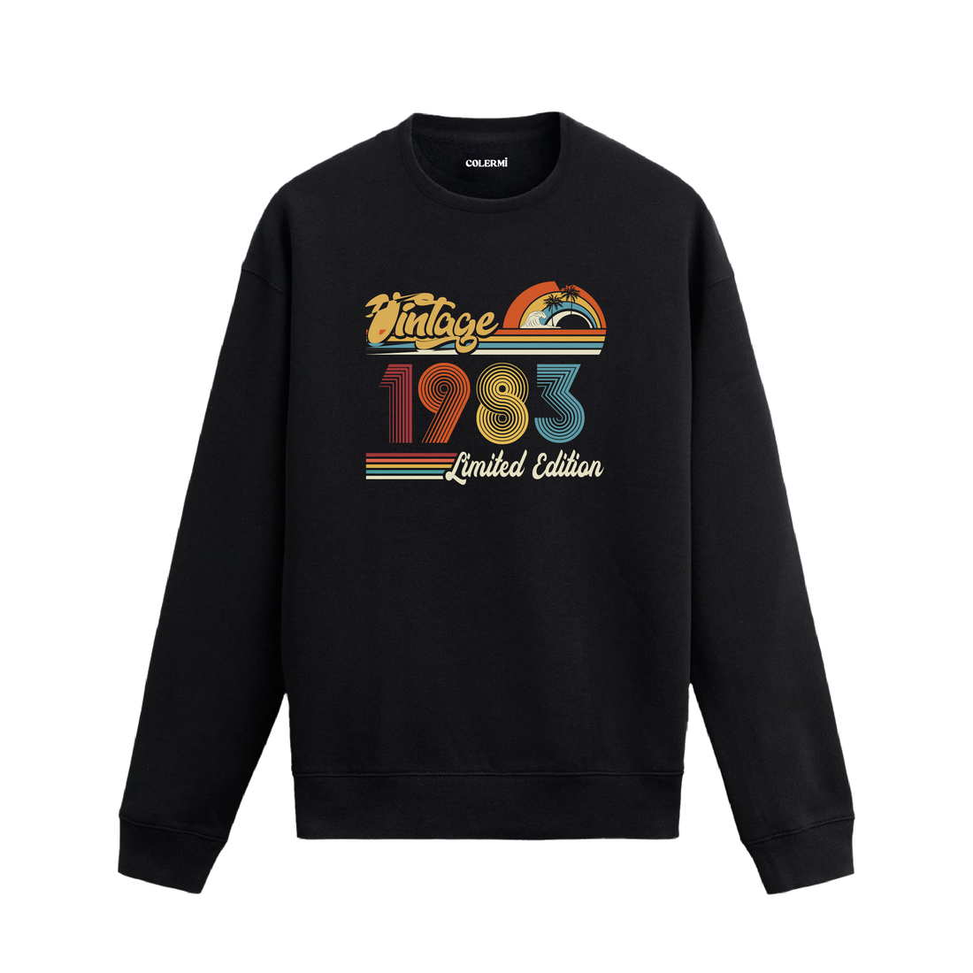 1983 Vintage sweatshirt, retro baskılı siyah sweatshirt