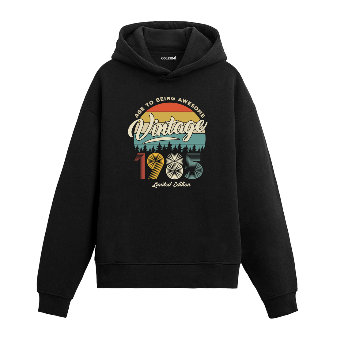 1985 Vintage Hoodie, retro baskılı siyah pamuklu nostalji hoodie.