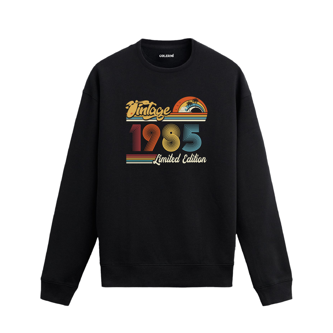 1985 Vintage sweatshirt, retro baskılı siyah sweatshirt