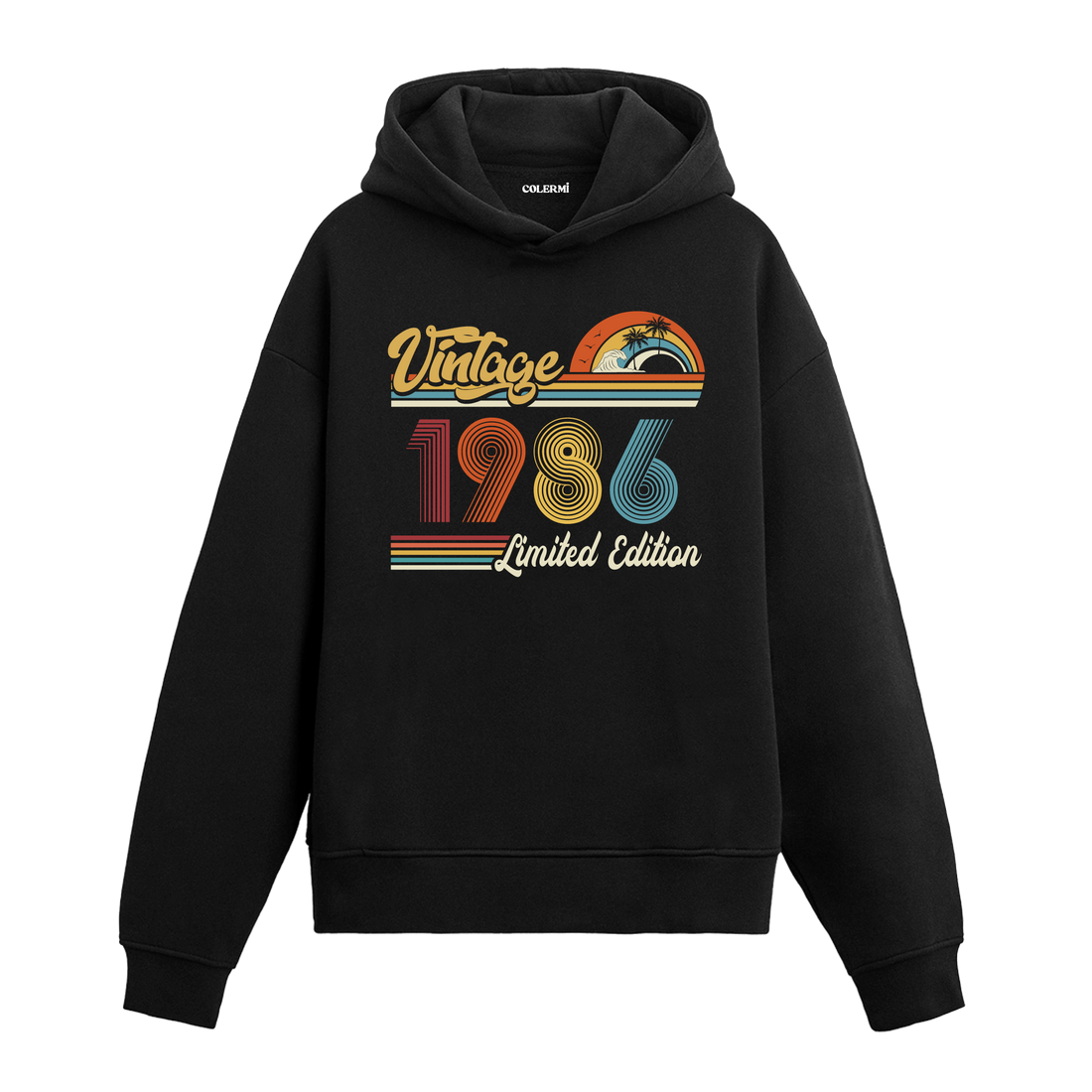 1986 doğum tarihli retro baskılı siyah vintage hoodie