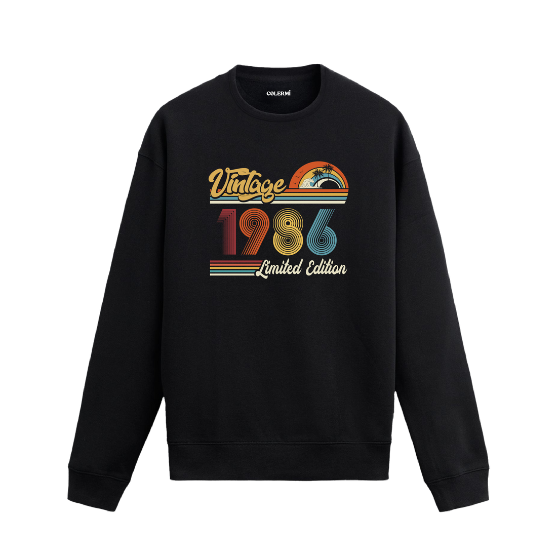1986 Vintage sweatshirt, retro baskılı siyah sweatshirt