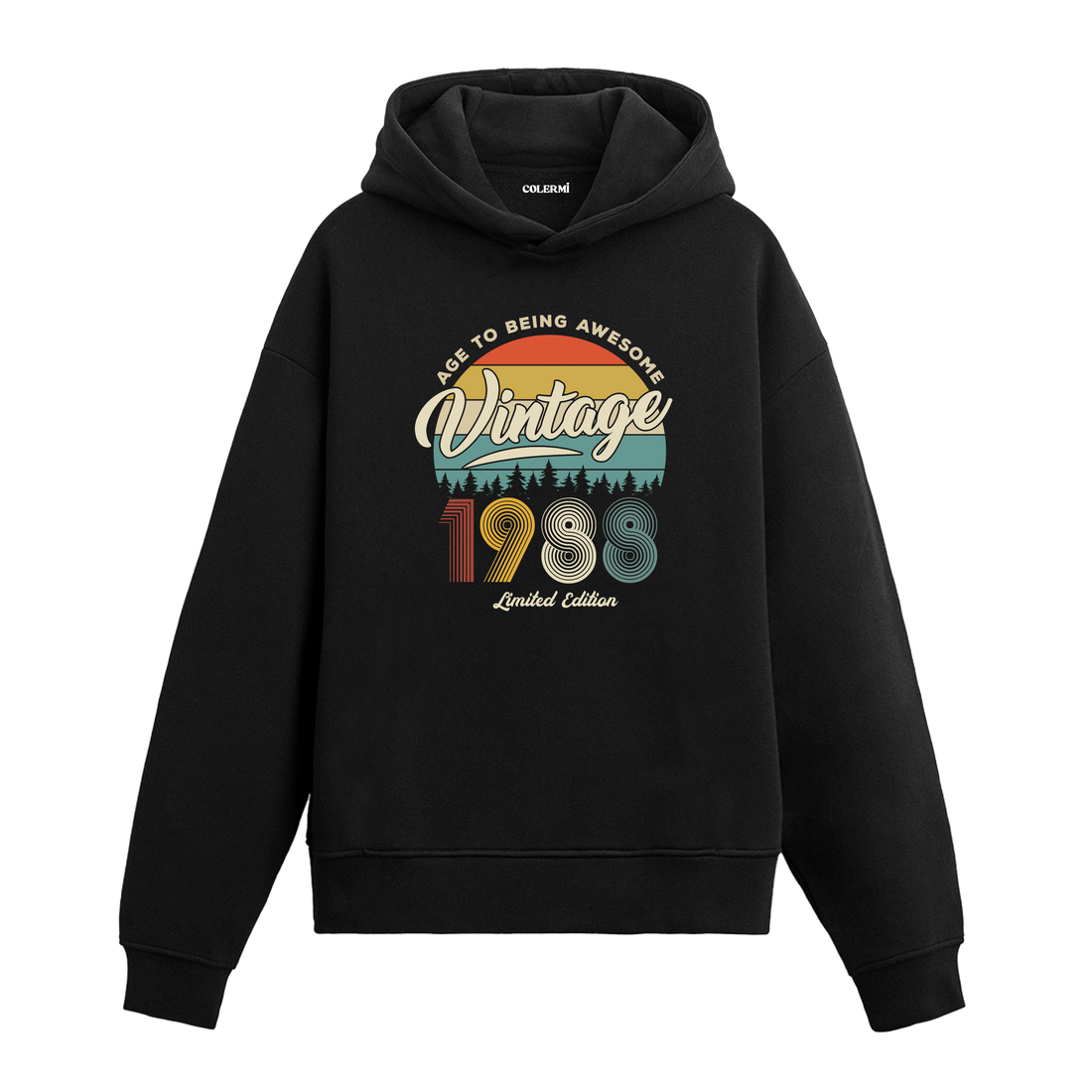 1988 Vintage Hoodie, retro baskılı siyah pamuklu nostalji hoodie.