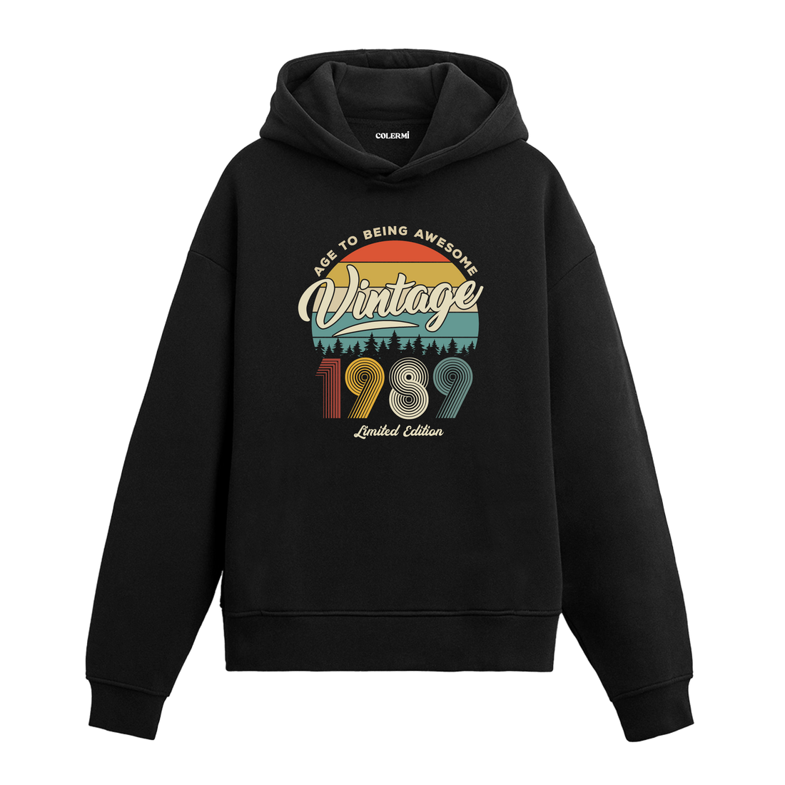 1989 Vintage Hoodie, retro baskılı siyah pamuklu nostalji hoodie.