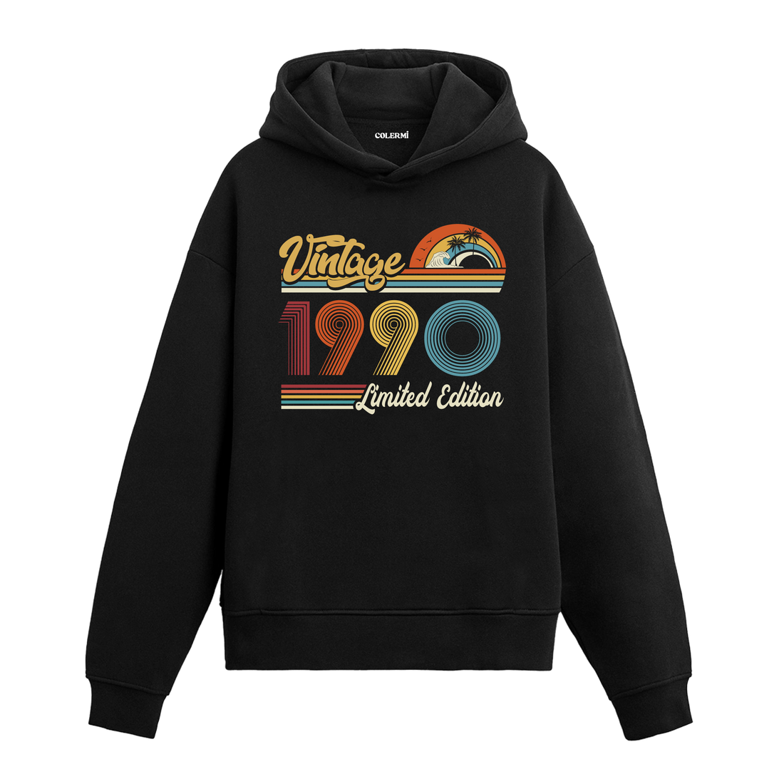 1990 doğum tarihli retro baskılı siyah vintage hoodie