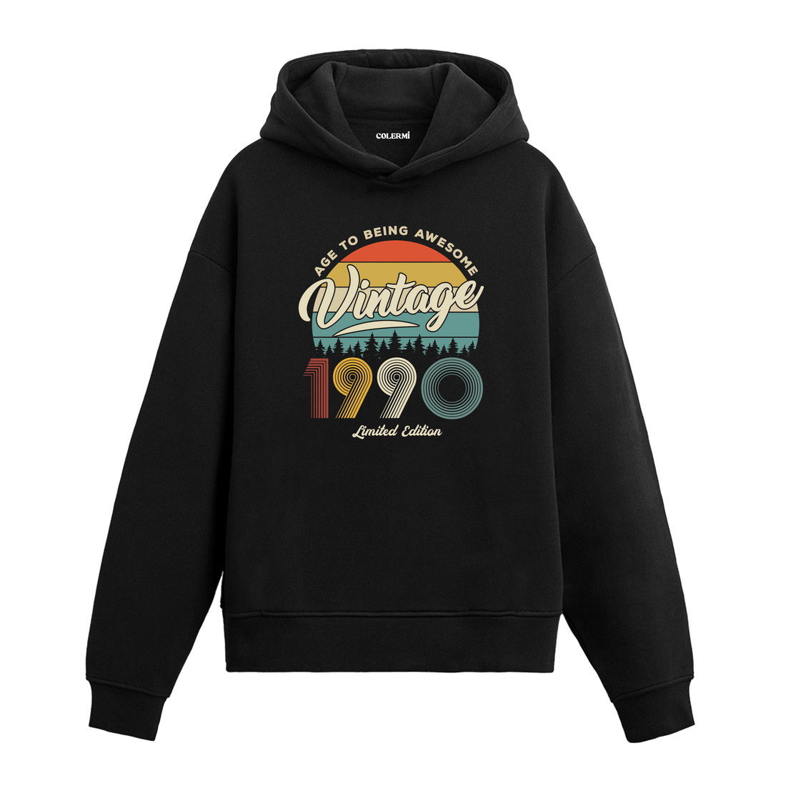 1990 Vintage Hoodie, retro baskılı siyah pamuklu nostalji hoodie.