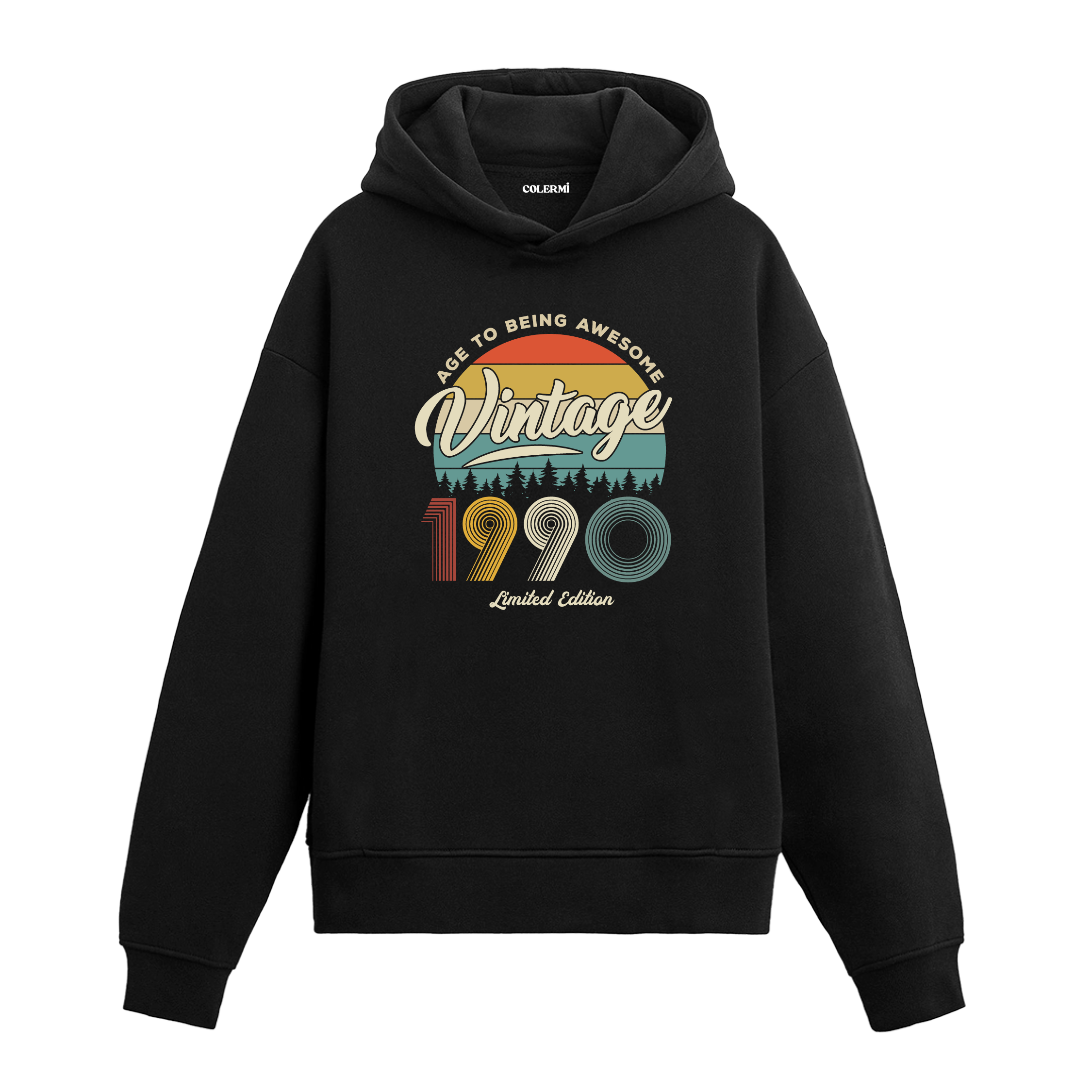 1990 Vintage Hoodie, retro baskılı siyah pamuklu nostalji hoodie.