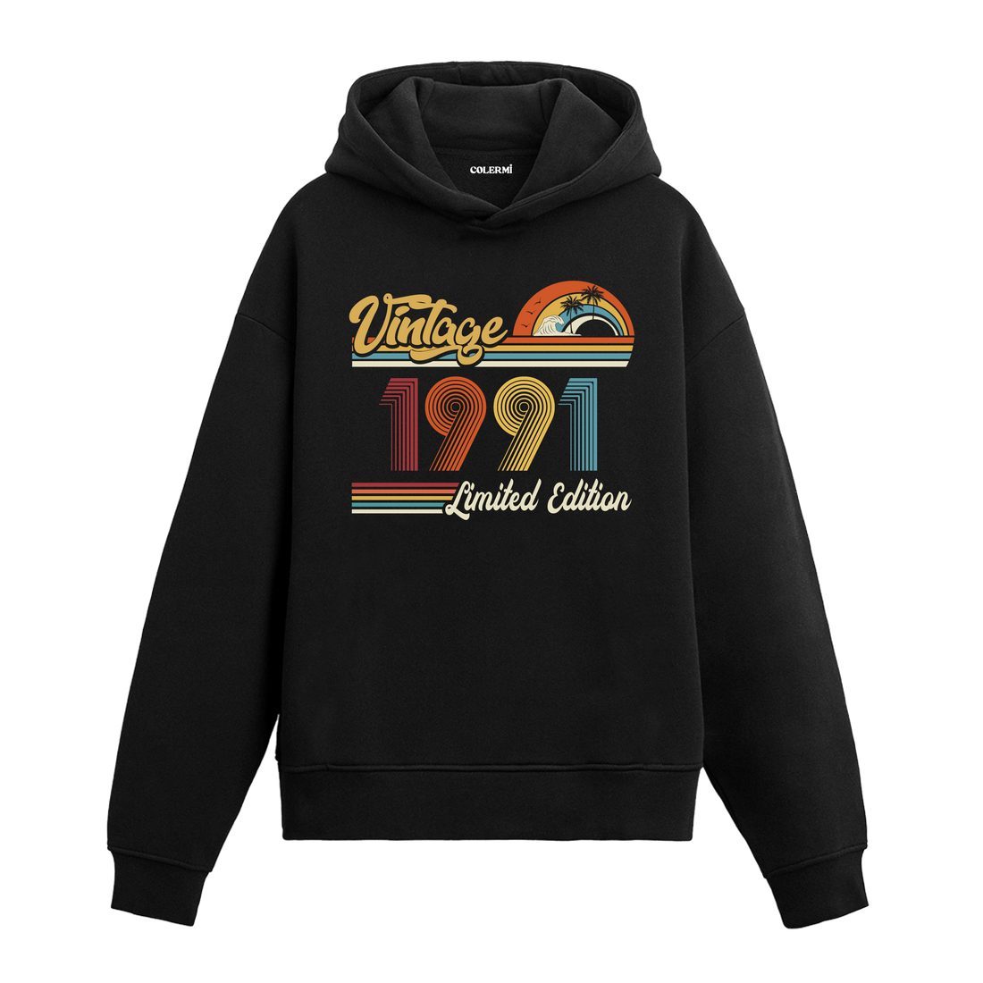 1991 doğum tarihli retro baskılı siyah vintage hoodie