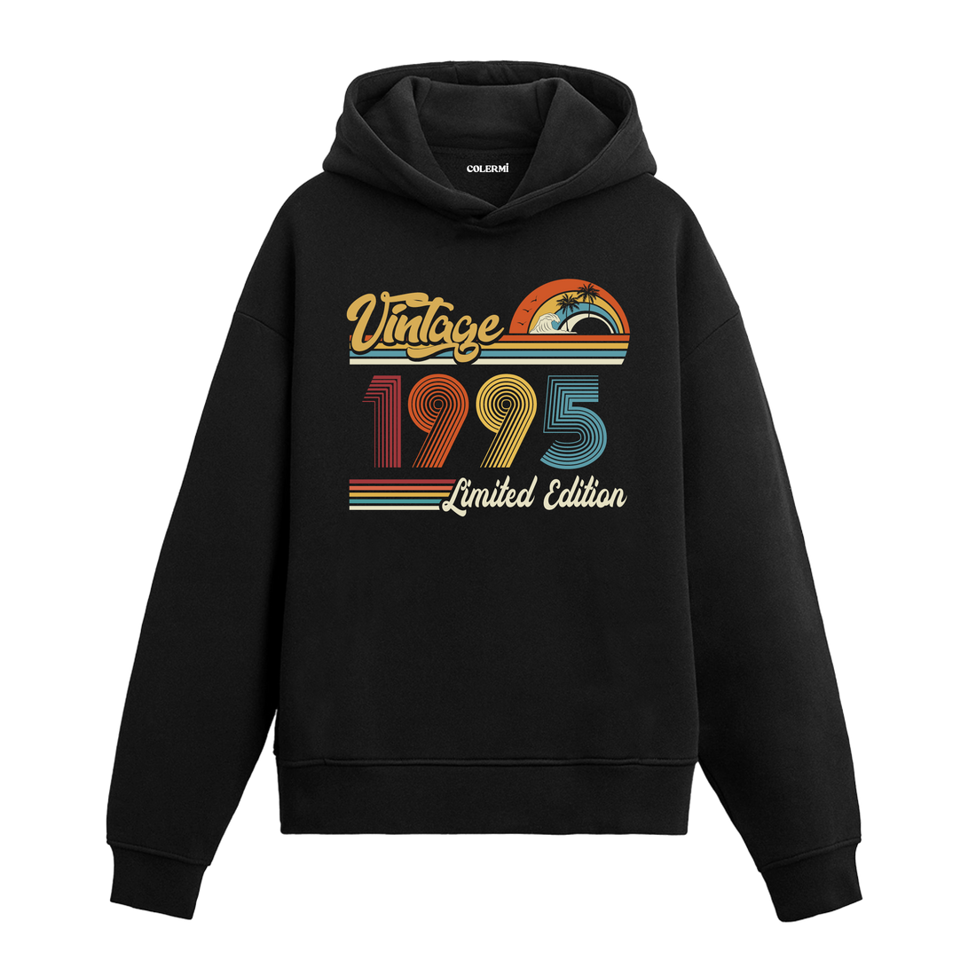 1995 doğum tarihli retro baskılı siyah vintage hoodie