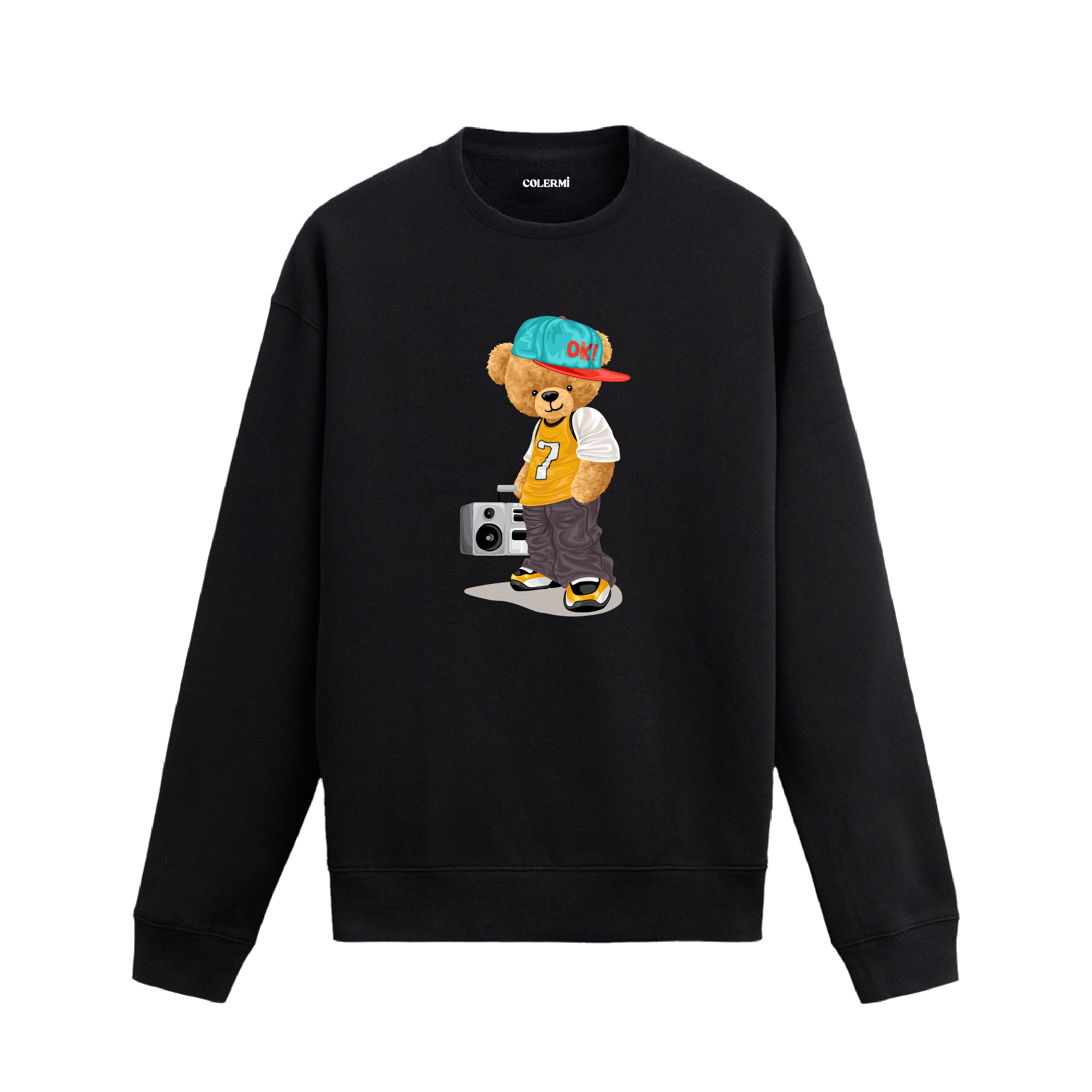 Hip hop tarzı ve boombox detayıyla ayıcık baskılı sweatshirt, enerjik görünüm ve pamuklu kumaş konforu bir arada sunuyor.