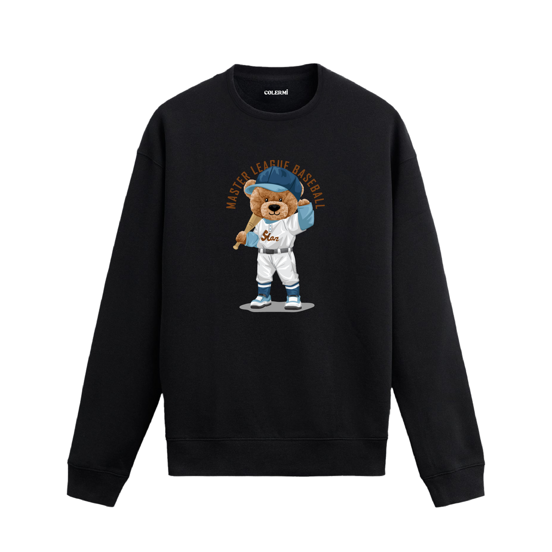 Beyzbol sopası tutan ayıcık baskılı sweatshirt, spor ve sokak stilini yansıtan özel tasarım.