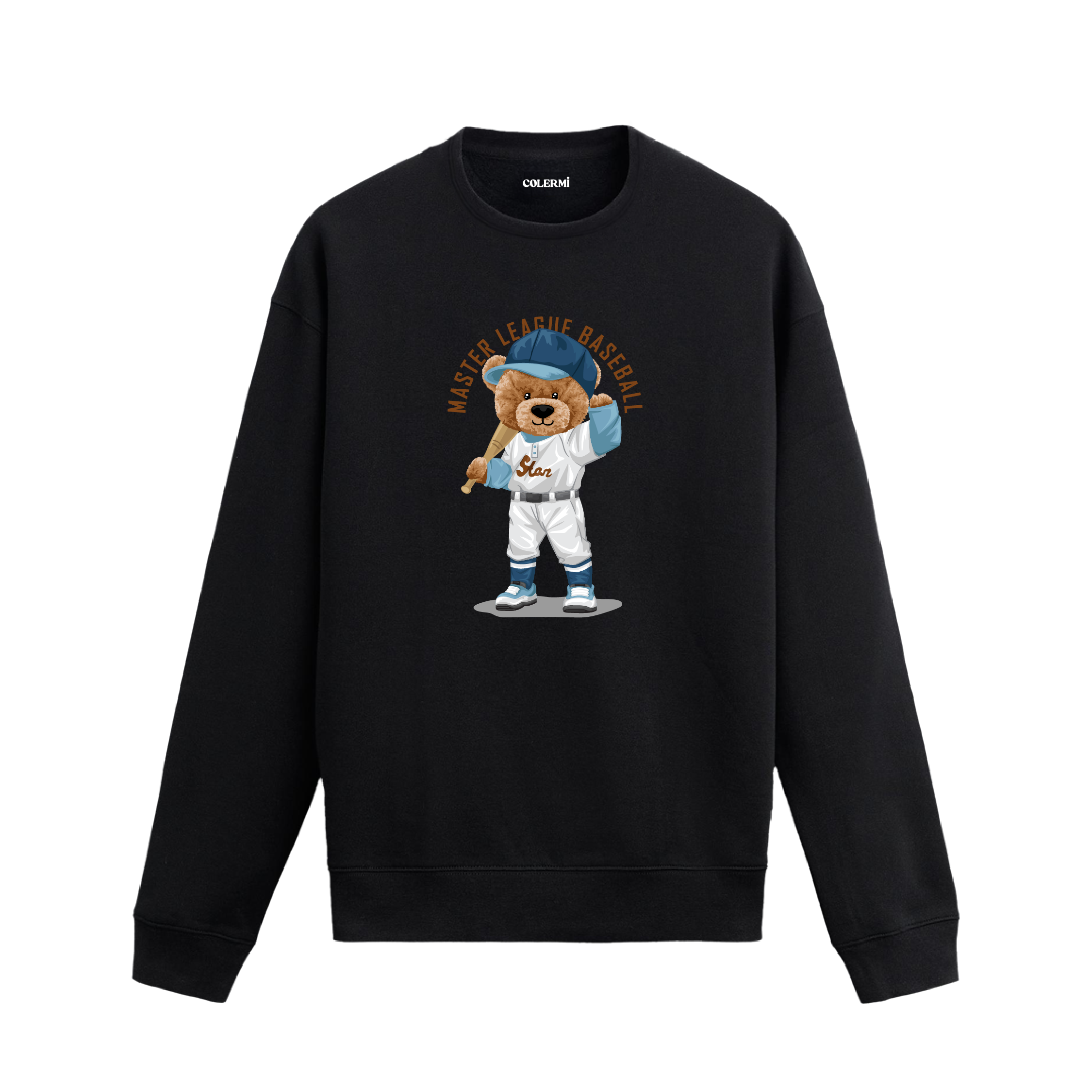 Beyzbol sopası tutan ayıcık baskılı sweatshirt, spor ve sokak stilini yansıtan özel tasarım.