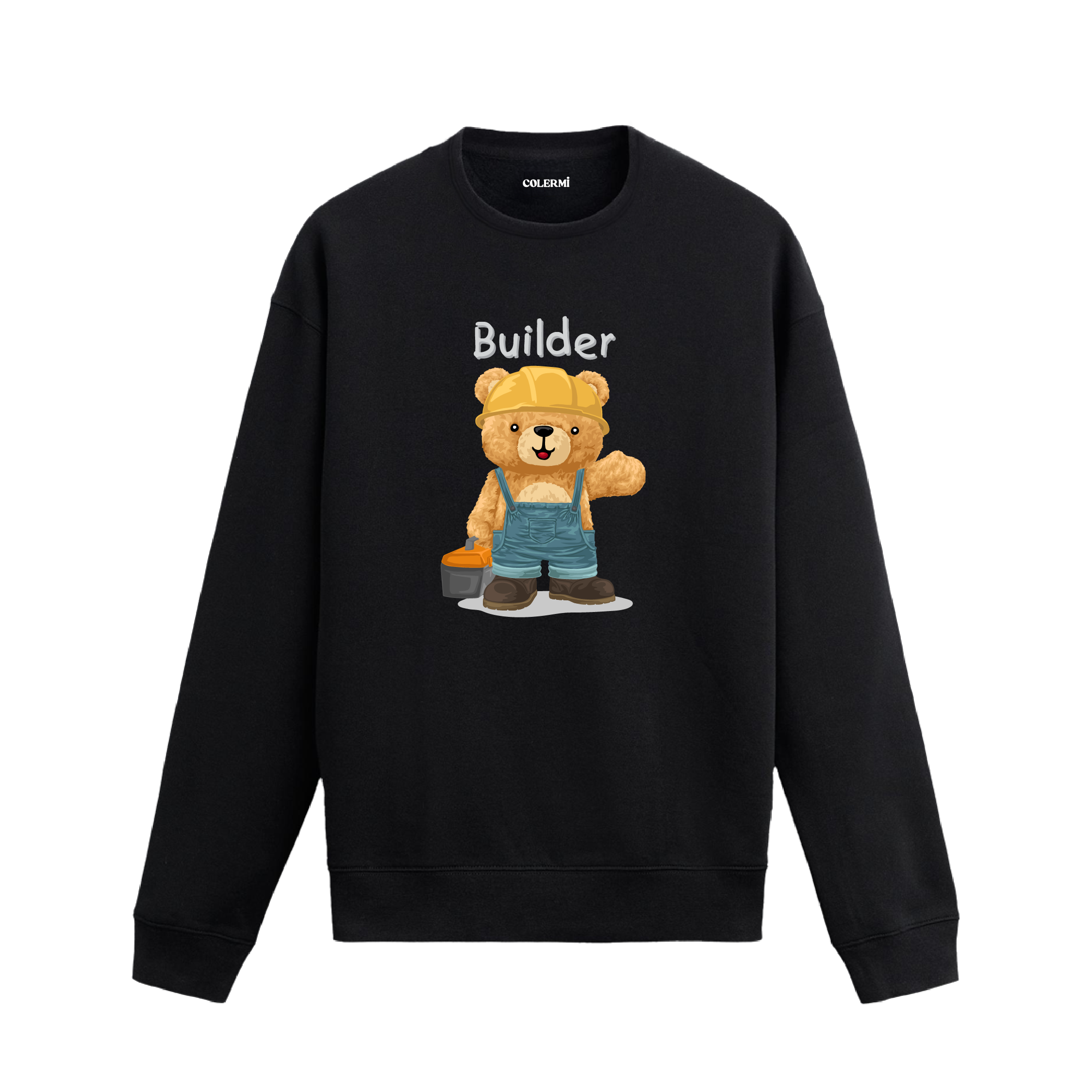 Builder temalı ayıcık baskılı sweatshirt, sarı baret ve tulum detaylarıyla eğlenceli bir stil sunarken pamuklu kumaşıyla rahatlık sağlıyor.