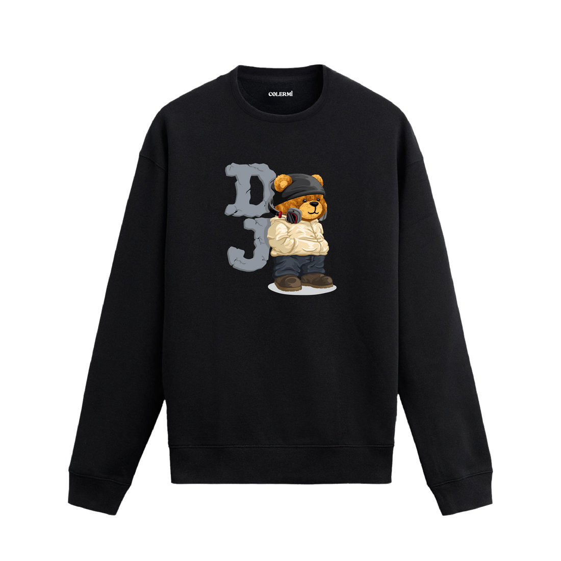 DJ konseptli ayıcık baskılı sweatshirt, pamuklu kumaşıyla müzik tutkunu sokak stiline enerjik ve konforlu bir dokunuş sağlıyor.
