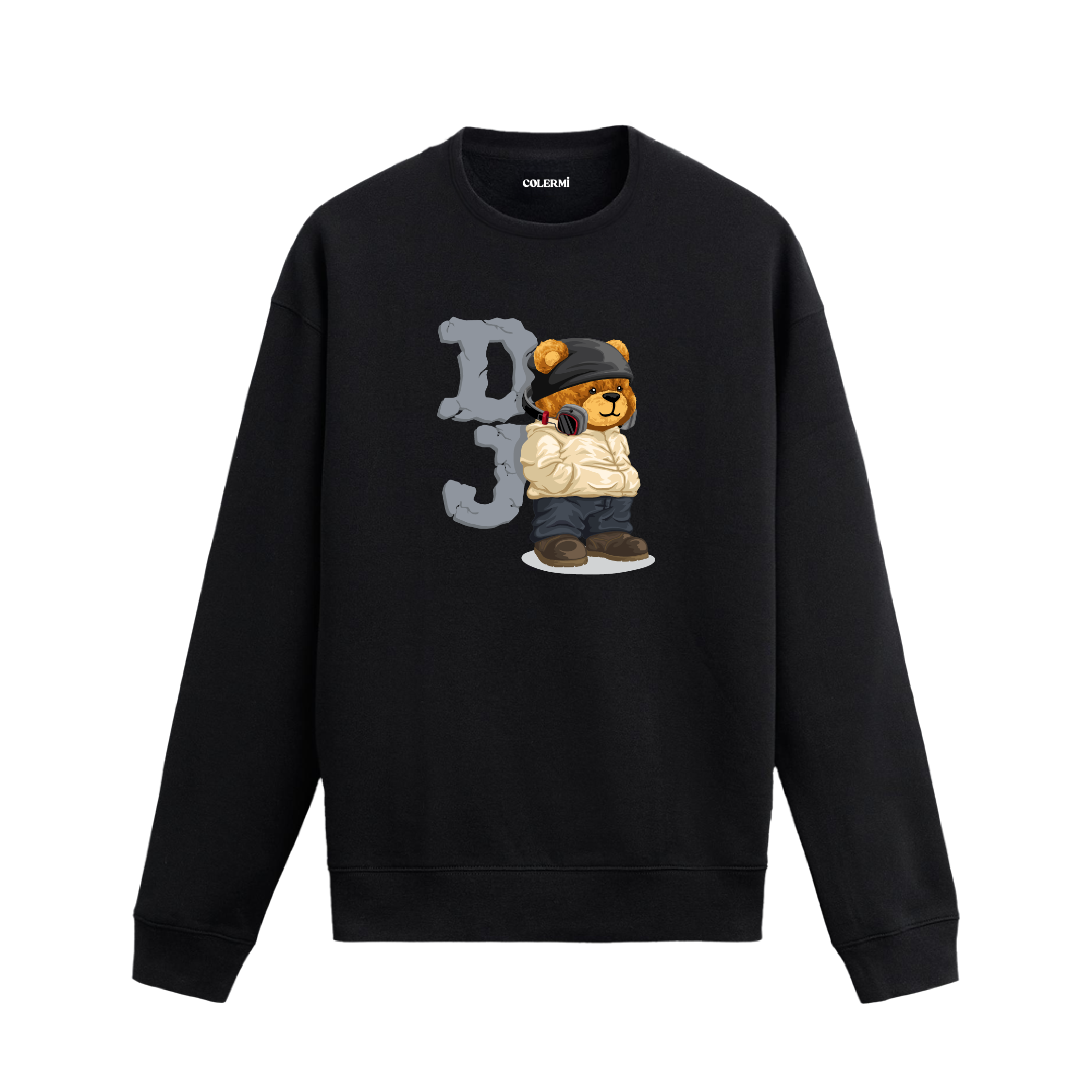 DJ konseptli ayıcık baskılı sweatshirt, pamuklu kumaşıyla müzik tutkunu sokak stiline enerjik ve konforlu bir dokunuş sağlıyor.