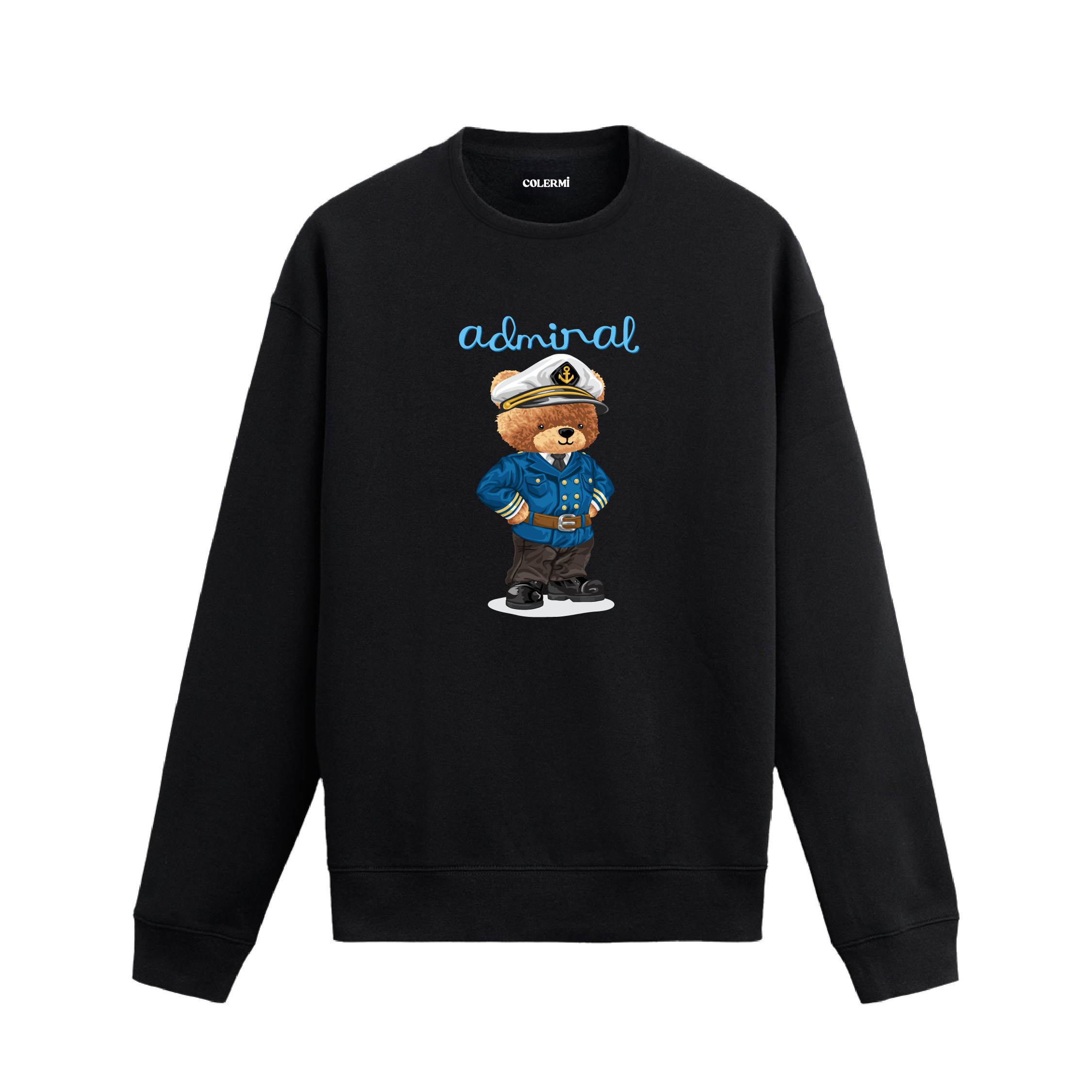 Admiral kaptan temalı ayıcık baskılı sweatshirt, denizcilik ve kaptan üniforması detaylarıyla özgün bir tasarım.