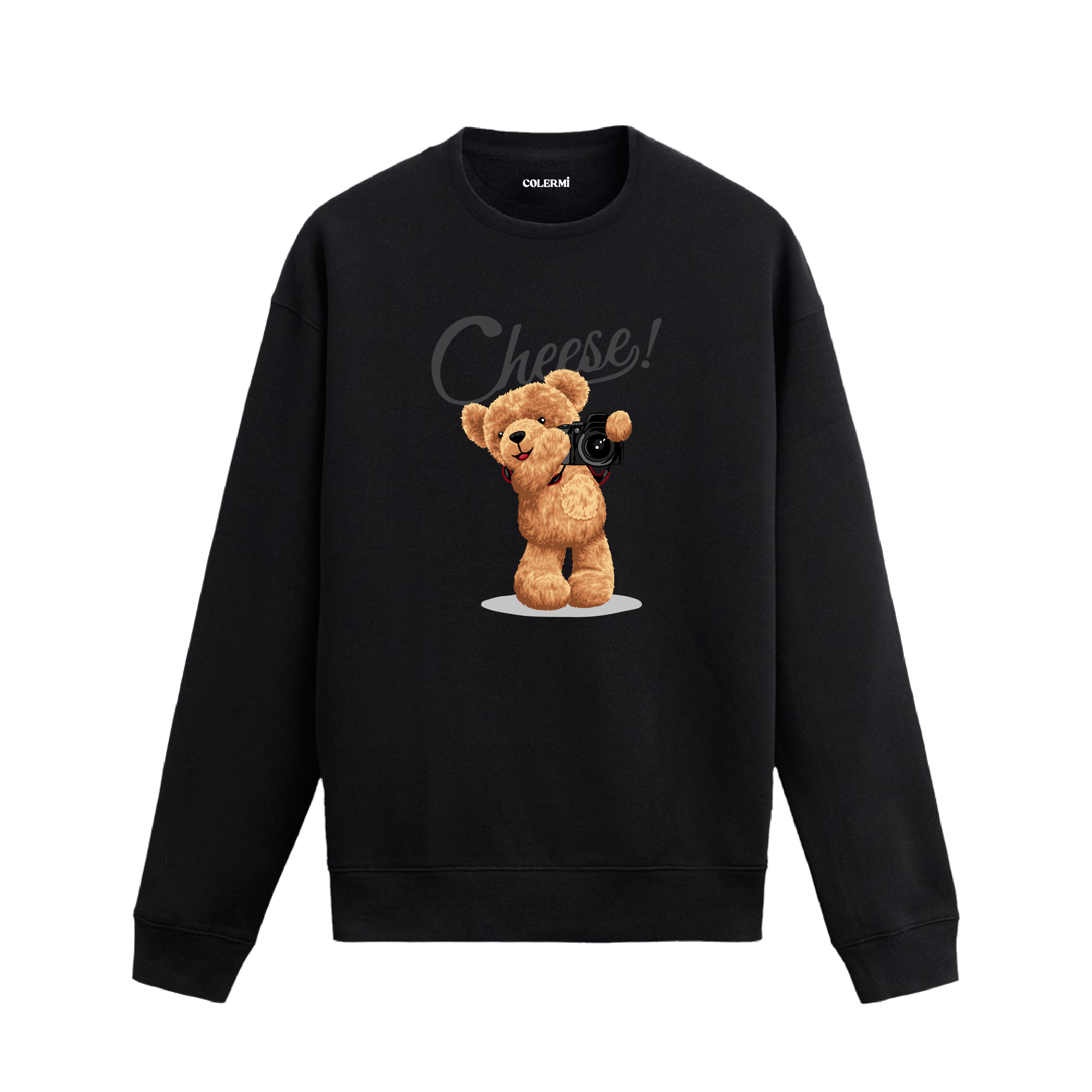 Fotoğraf makinesi tutan ayıcık baskılı sweatshirt, “Cheese!” yazılı eğlenceli tasarımıyla şık ve rahat bir stil sunuyor.