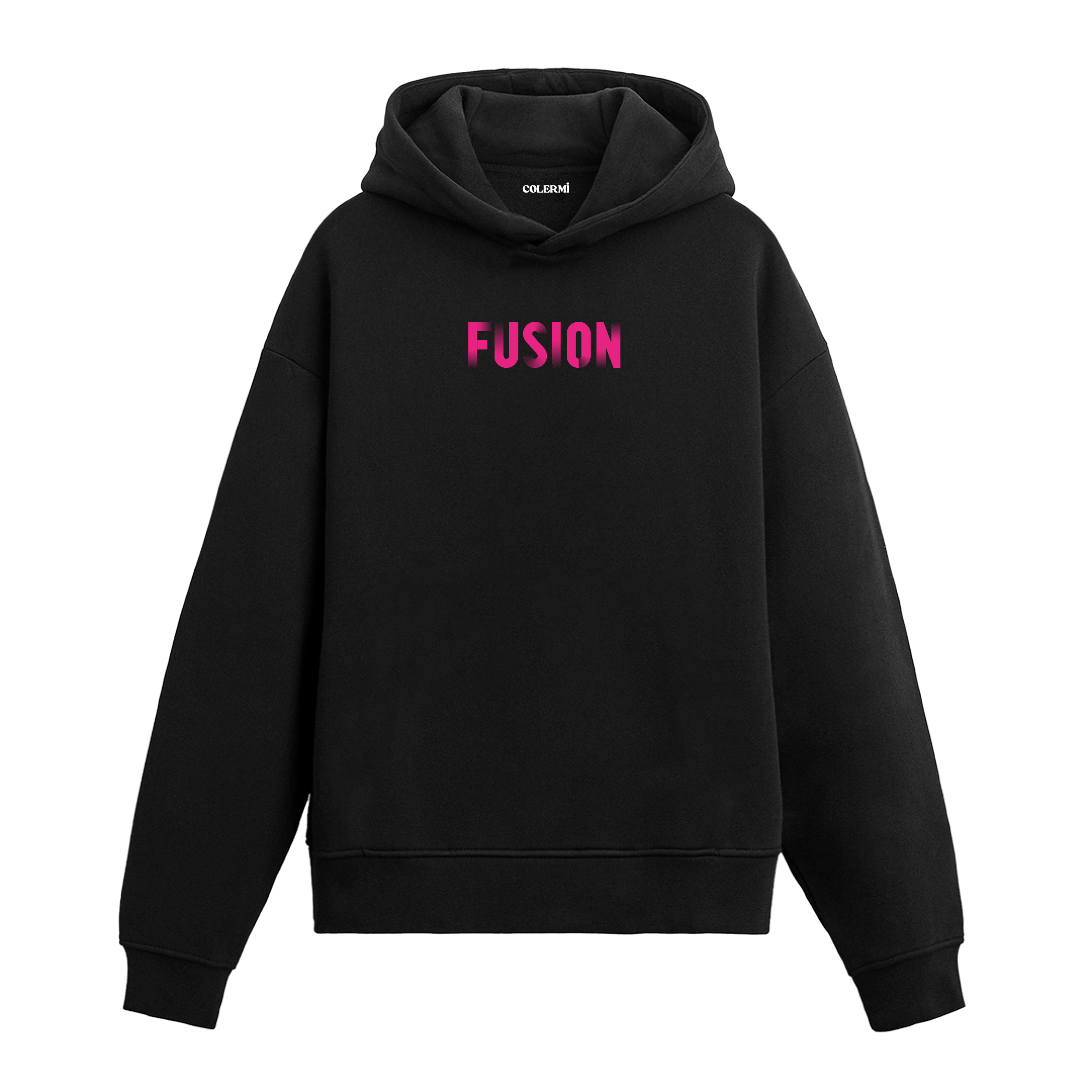 Siyah hoodie üzerinde pembe degrade Fusion yazısı