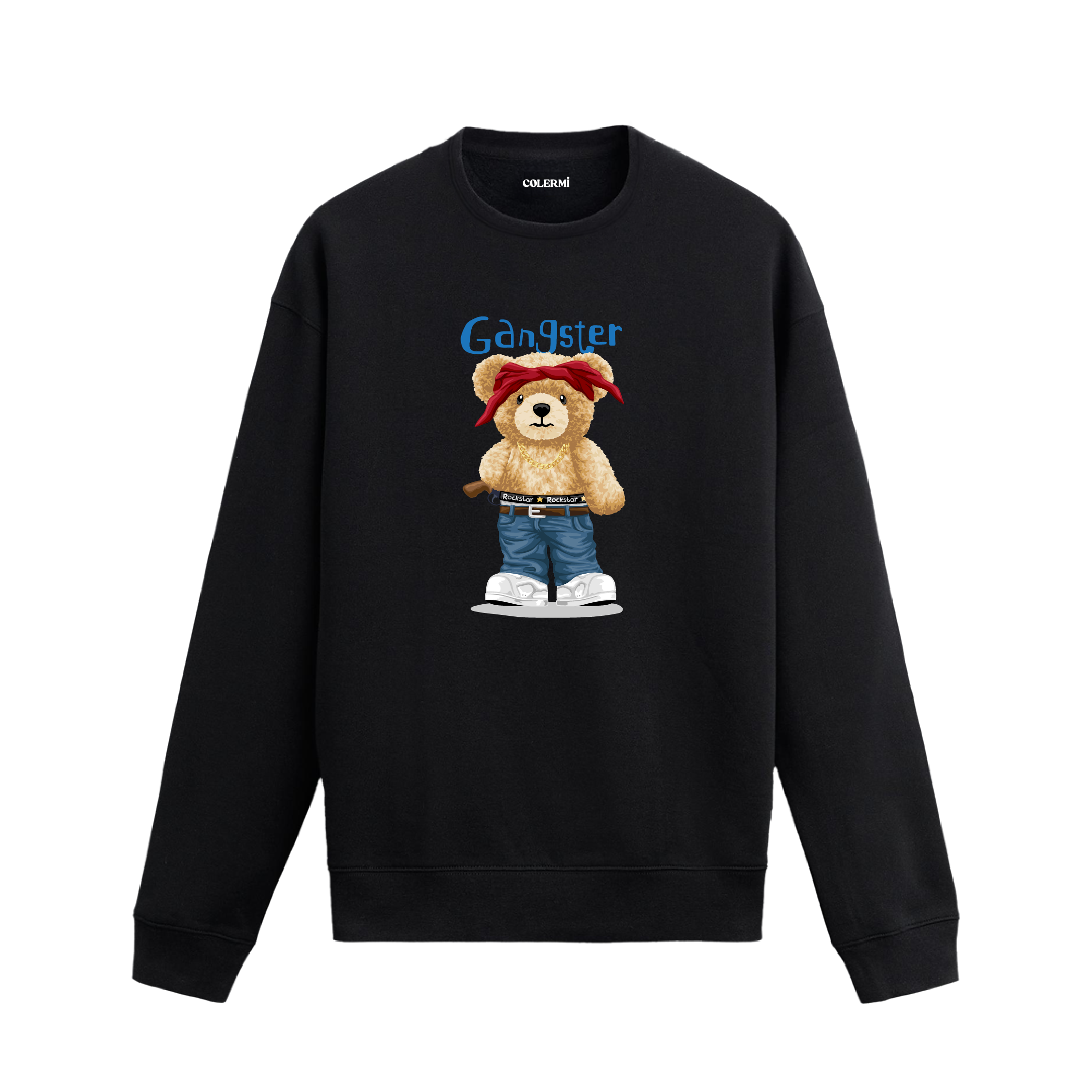 Gangsta tarzı kırmızı bandanalı ayıcık baskılı sweatshirt, pamuklu kumaşıyla sokak modasına enerjik ve konforlu bir stil kazandırıyor.