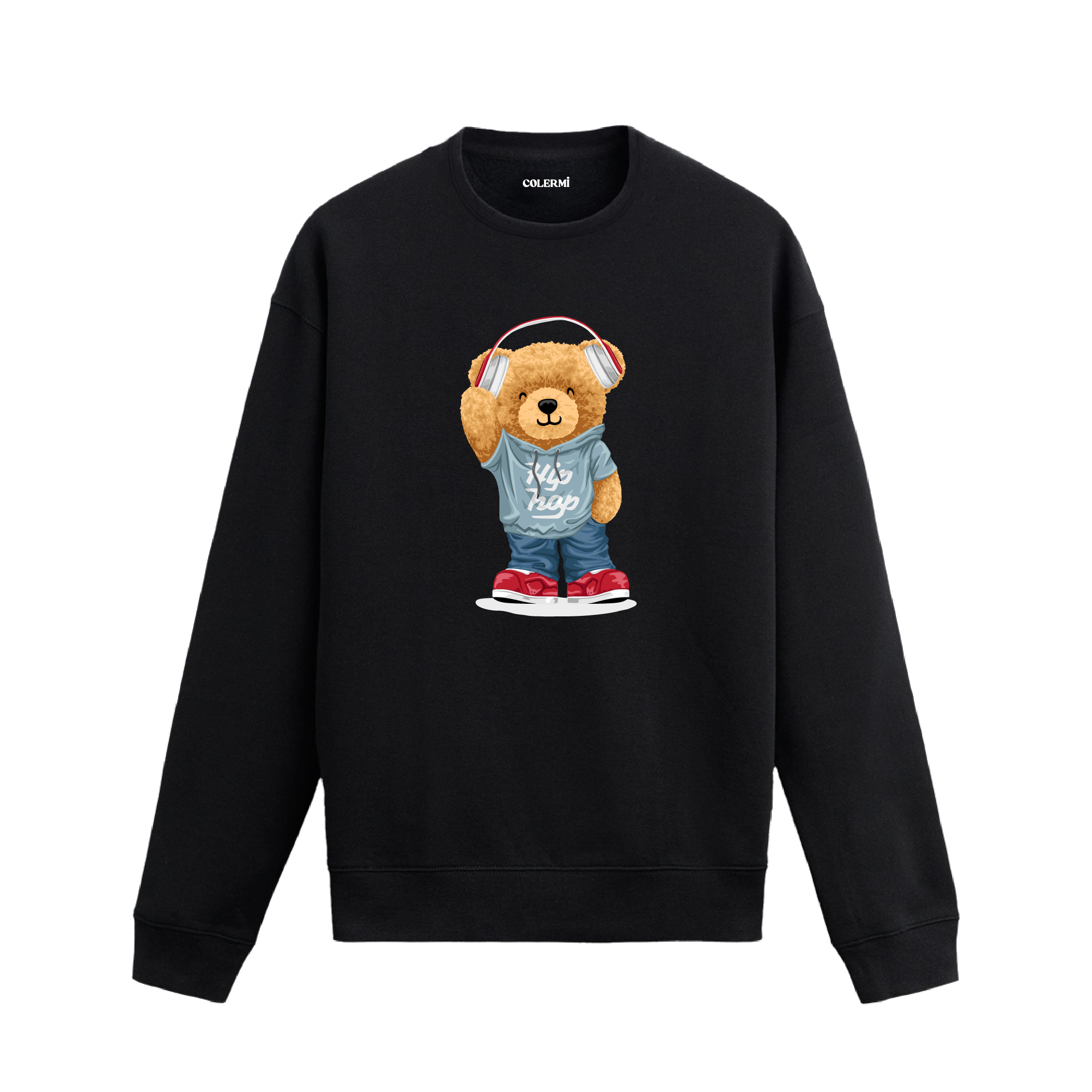 Hip hop stilini kulaklık detayıyla öne çıkaran ayıcık baskılı sweatshirt, pamuklu kumaşıyla hem rahat hem şık bir görünüm sunuyor.