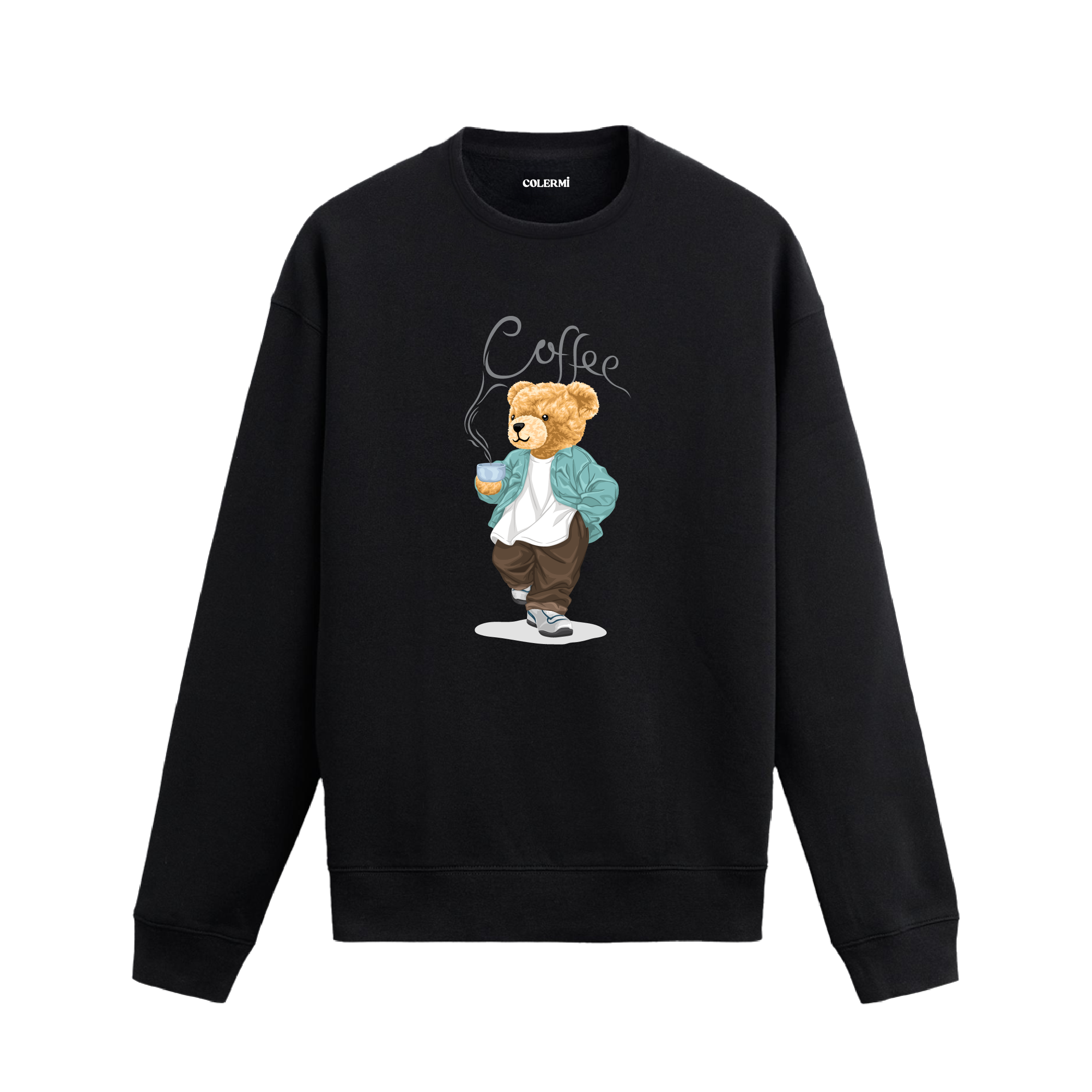 Kahve bardağı tutan ayıcık baskılı sweatshirt, “Coffee” yazılı tasarımıyla konfor ve stil sunuyor.