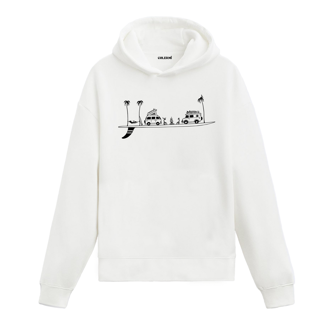 Colermi karavan, palmiye ve kamp ateşi baskılı kapüşonlu sweatshirt, tatil ve özgürlük ruhunu yansıtan tasarım.