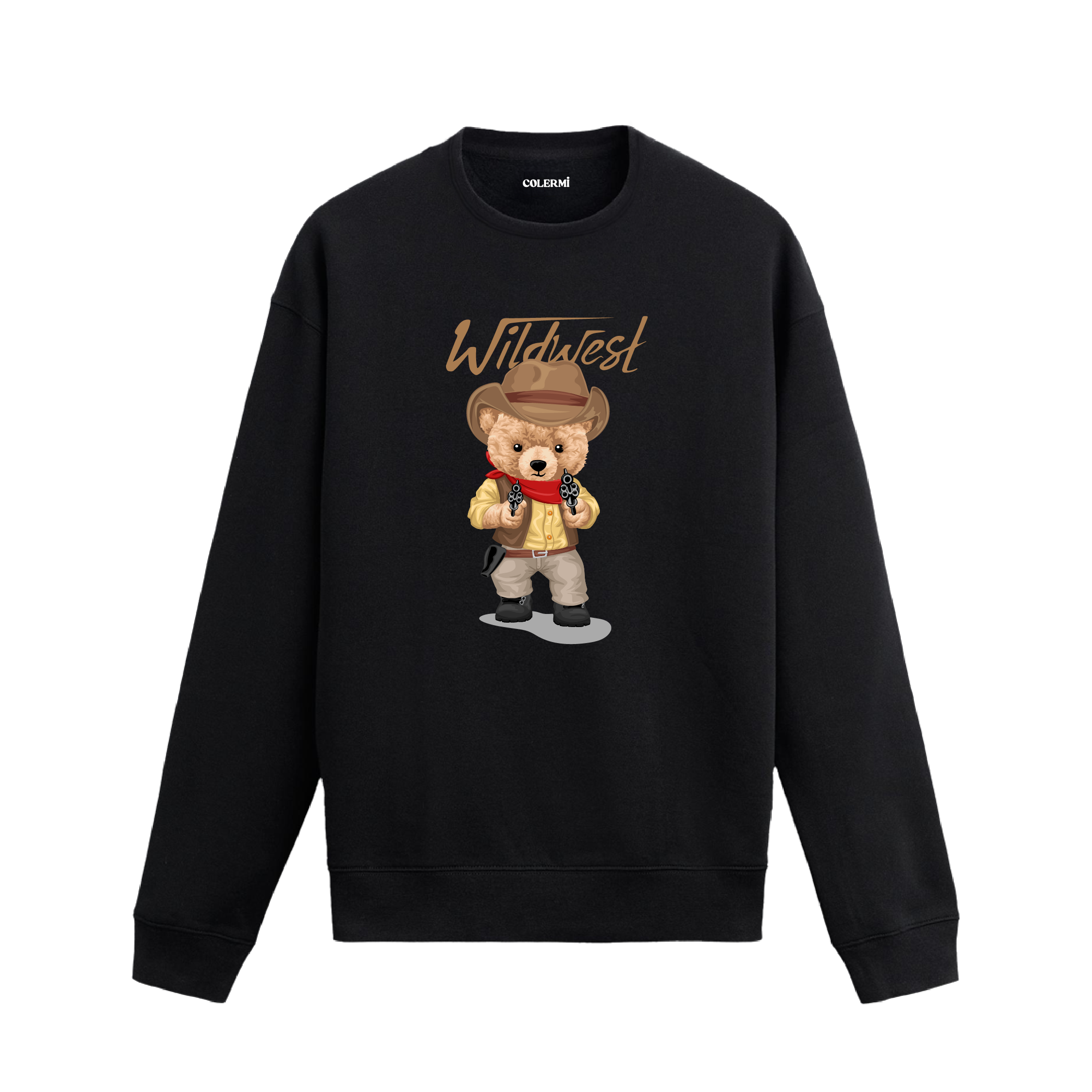 Wild West kovboy şerif temalı ayıcık baskılı sweatshirt, western stilini pamuklu kumaşıyla günlük modaya taşıyor.