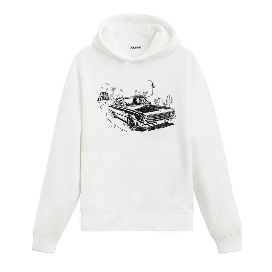 Colermi kurukafa ve banka soygunu baskılı sweatshirt, çöl yolculuğu ve asi ruhu yansıtan tasarım