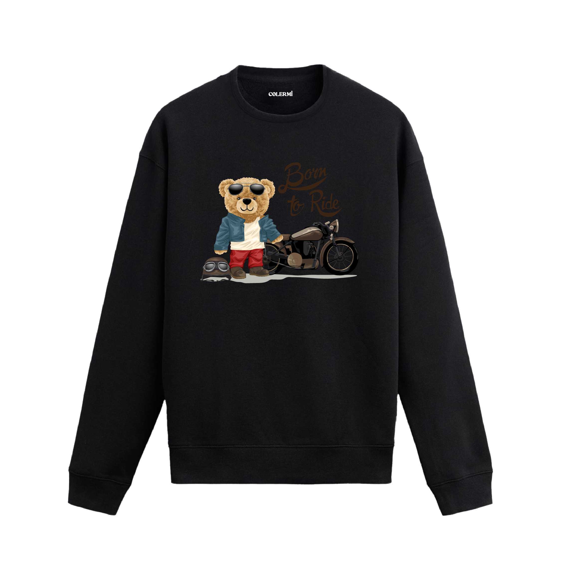 Born to Ride temalı ayıcık baskılı sweatshirt, motosiklet ve deri ceket detaylarıyla özgür ruhlu tarzı yansıtan şık bir tasarım.