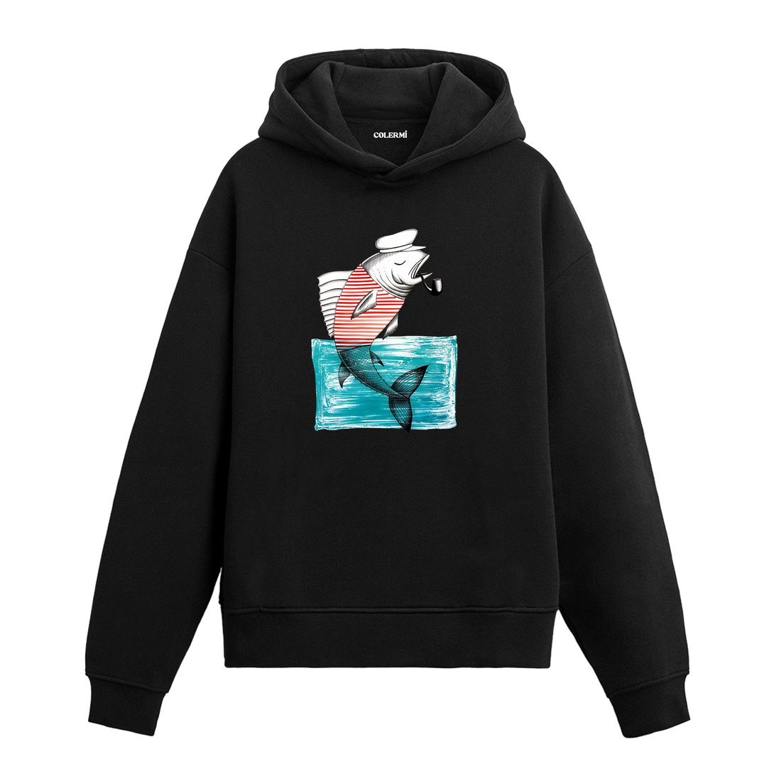 Colermi pipo içen denizci balık baskılı hoodie, eğlenceli ve sıcak tutan tasarım