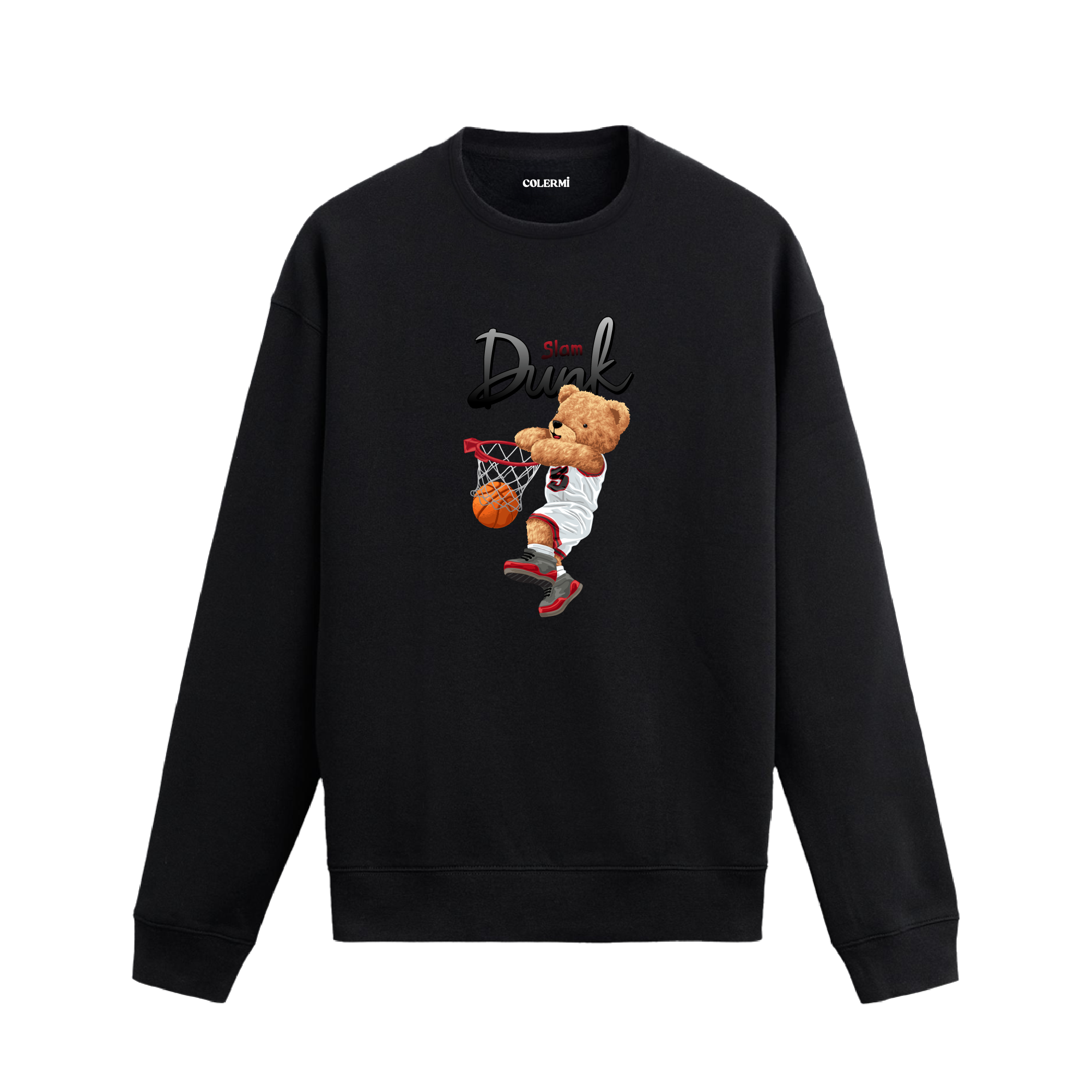 Basketbol temalı Slam Dunk tasarımıyla öne çıkan ayıcık baskılı sweatshirt, pamuklu kumaşıyla spor şıklığını günlük stile taşıyor.